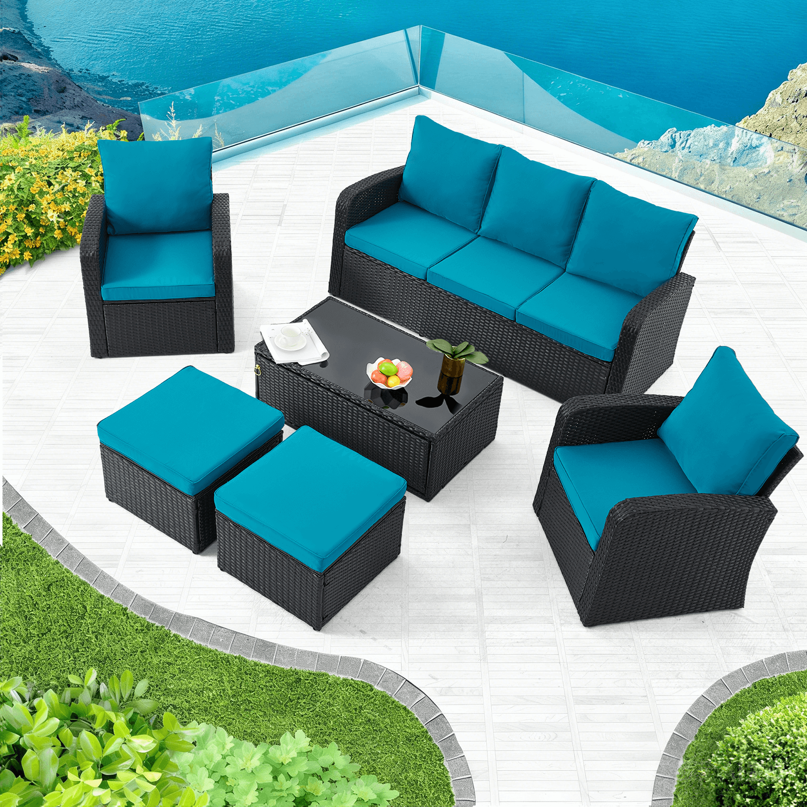 Homrest 6 Pcs Patio Furniture Sets with Coffee Table, Ottomans, Cushions & Pillows, Peacock Blue