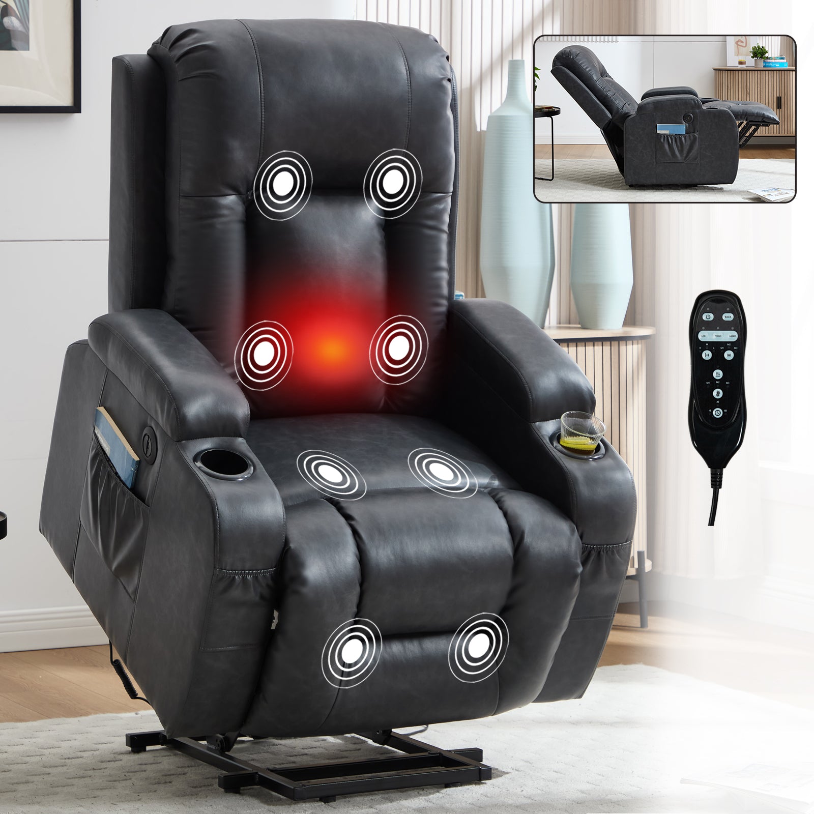 HOMREST PU Infinite Position Power Lift Recliner Chair for Elderly, 8-Point Massage & Heating, Gray
