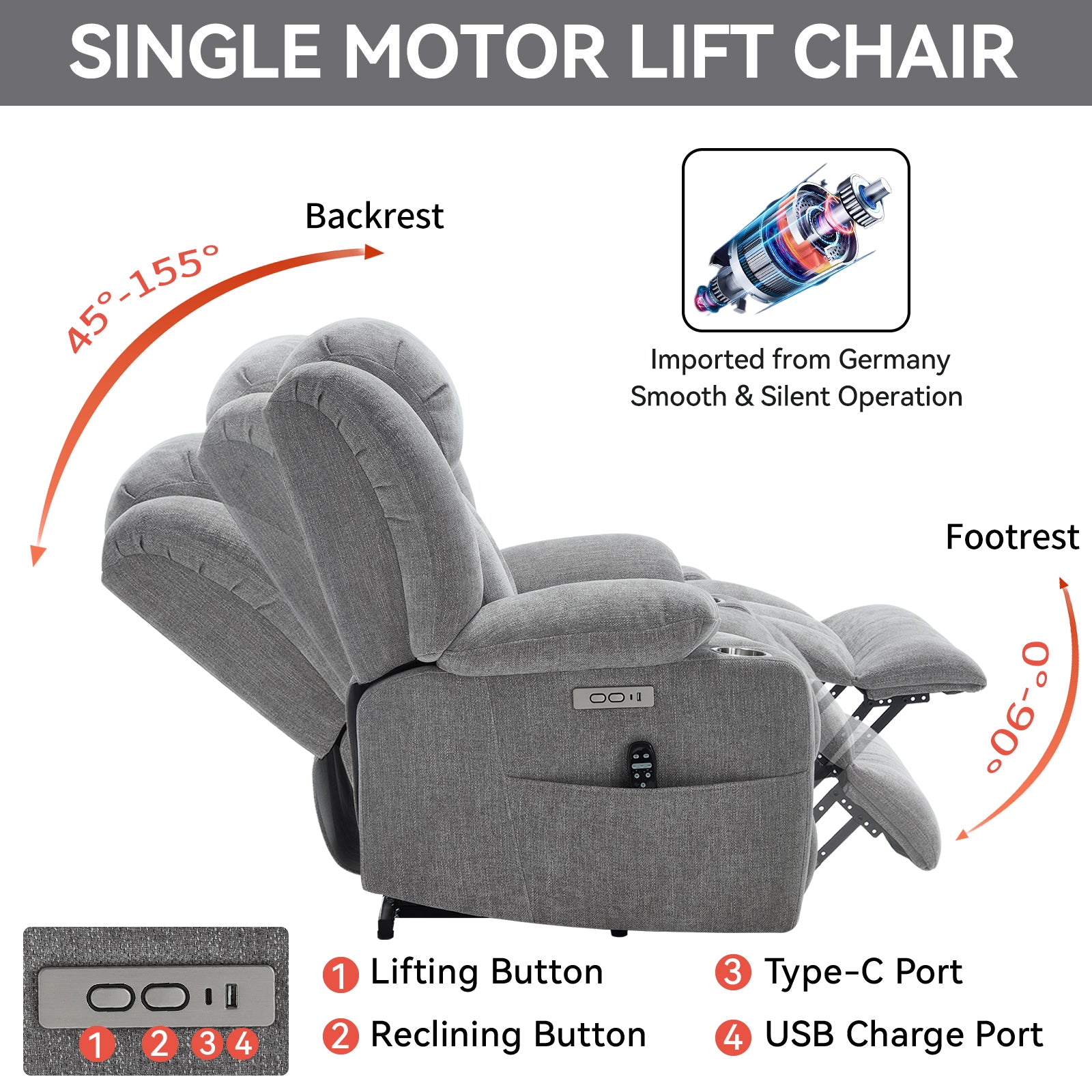 Homrest Premium Electric Recliner Chair with 8-Point Massage & Heating, Plush Chenille Fabric, Gray