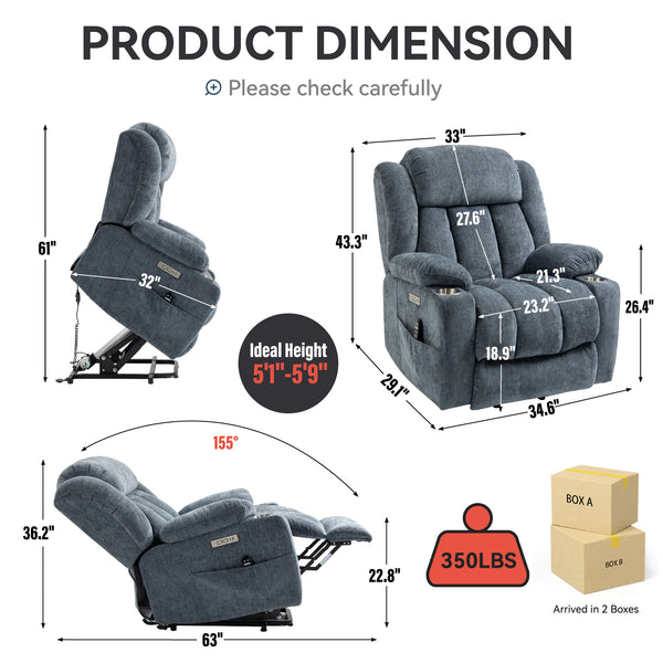 Homrest Premium Electric Recliner Chair with 8-Point Massage & Heating, Plush Chenille Fabric, Gray Blue