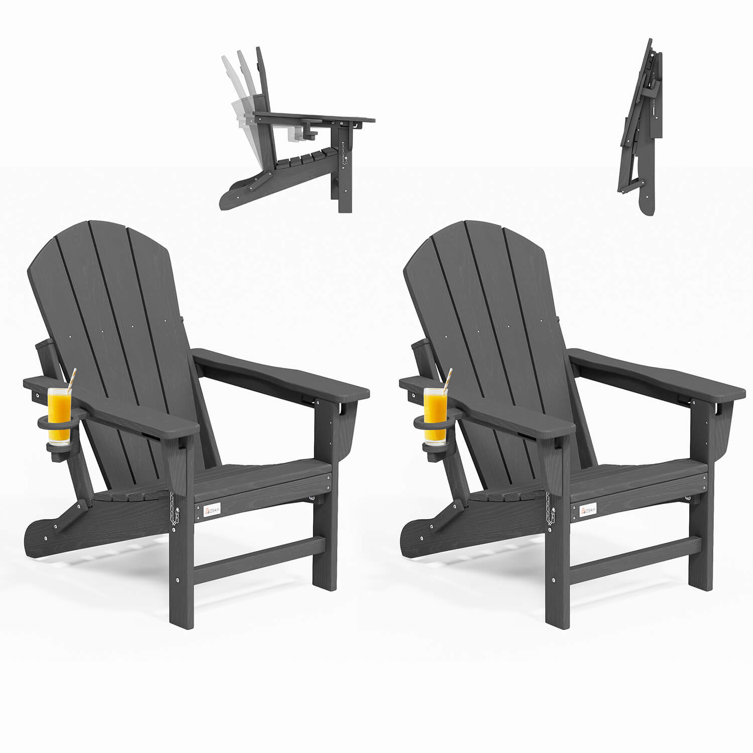 HOMREST 3-Position Adjustable Adirondack Chairs Set of 2, 400LBS HDPE Folding Outdoor Chairs with Cup Holder, Gray