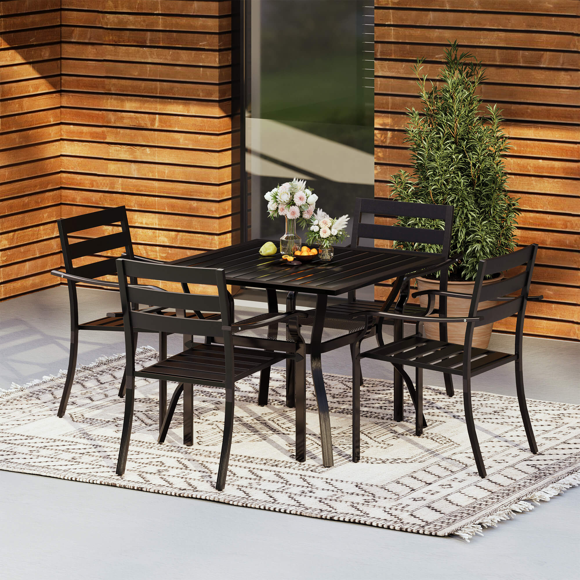 HOMREST 5-Piece Outdoor Patio Dining Set for 4, Square Metal Table with Umbrella Hole & Stackable Chairs