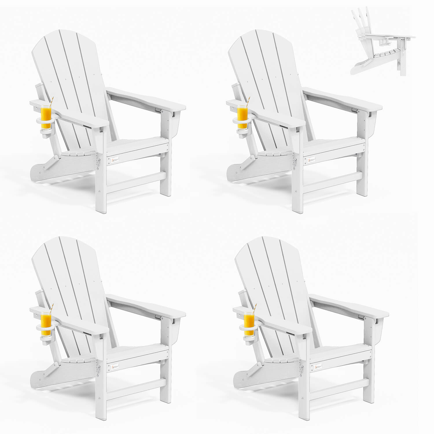 HOMREST 3-Position Adjustable Adirondack Chairs Set of 4, 400LBS HDPE Folding Outdoor Chairs with Cup Holder, White