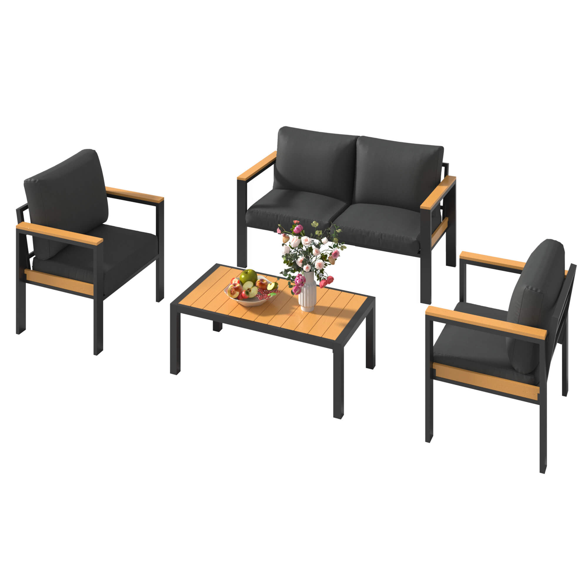HOMREST 4 Piece Patio Furniture Set, Metal Patio Conversation Set with Coffee Table, All-Weather Outdoor Furniture, Black