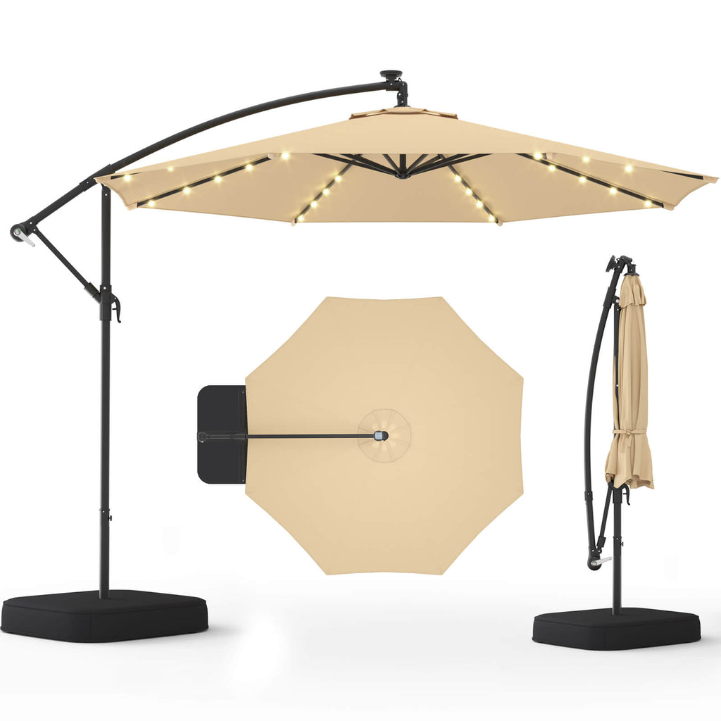 Homrest 10ft Solar Lighted Patio Umbrella with Base, Outdoor Cantilever Umbrella, Infinite Tilt, Beige