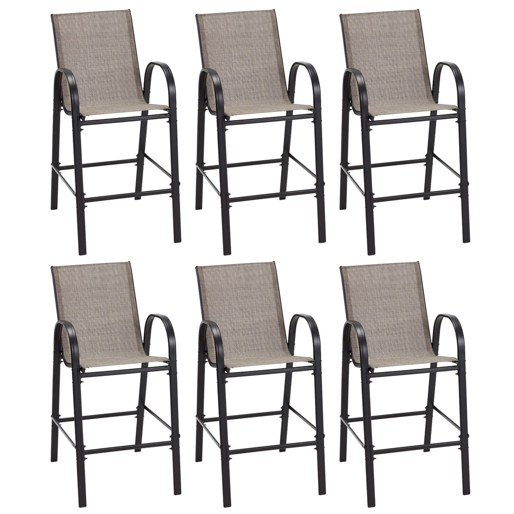 HOMREST Outdoor Bar Height Stools Set of 6, High Back Patio Chairs with Armrests,Textilene Chairs with Breathable Fabric & Metal Frame, Taupe