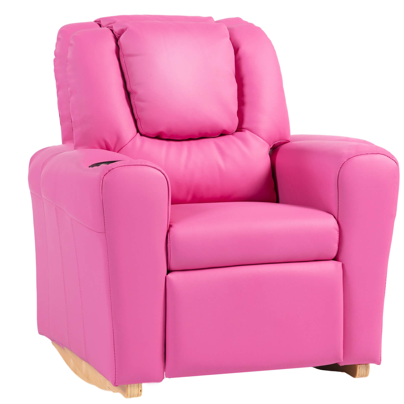 HOMREST Kids Recliner Chair with Cup Holder, Leather Toddler Recliner with Adjustable Backrest, Curved Rocking Legs and Comfy Armrests, Pink