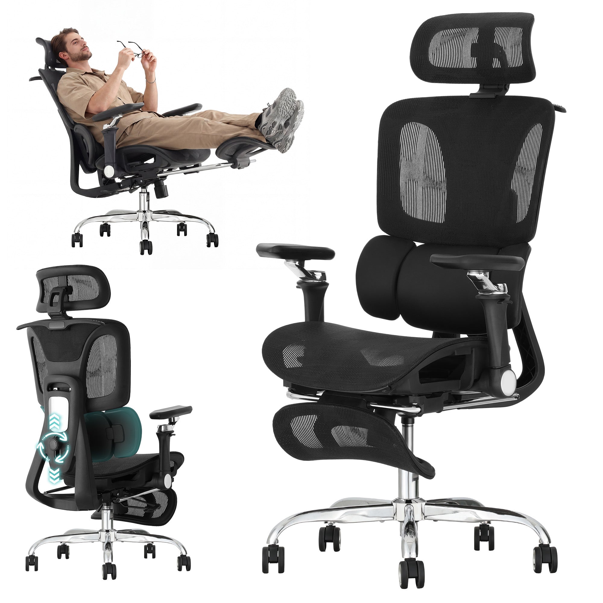 HOMREST Ergonomic Office Chair with 3-Zone Dynamic Lumbar Support, Big and Tall Mesh Office Chair with Footrest, Adjustable Seat Depth,4D Headrest,6D Armrests, Swivel Executive Chair for Home Office,Black
