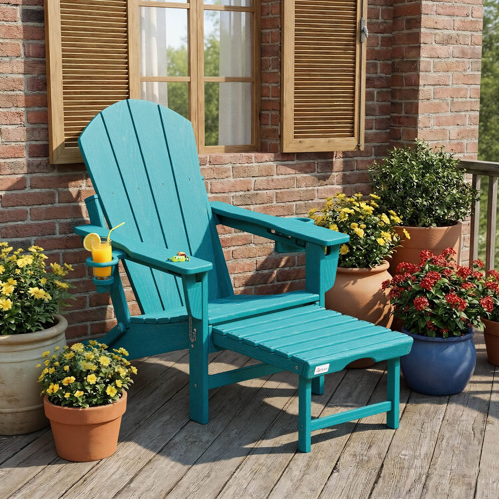 HOMREST 3-Level  Adjustable Adirondack Chair with Retractable Ottoman, Folding HDPE Outdoor Chair with Cup Holders, Aruba Blue