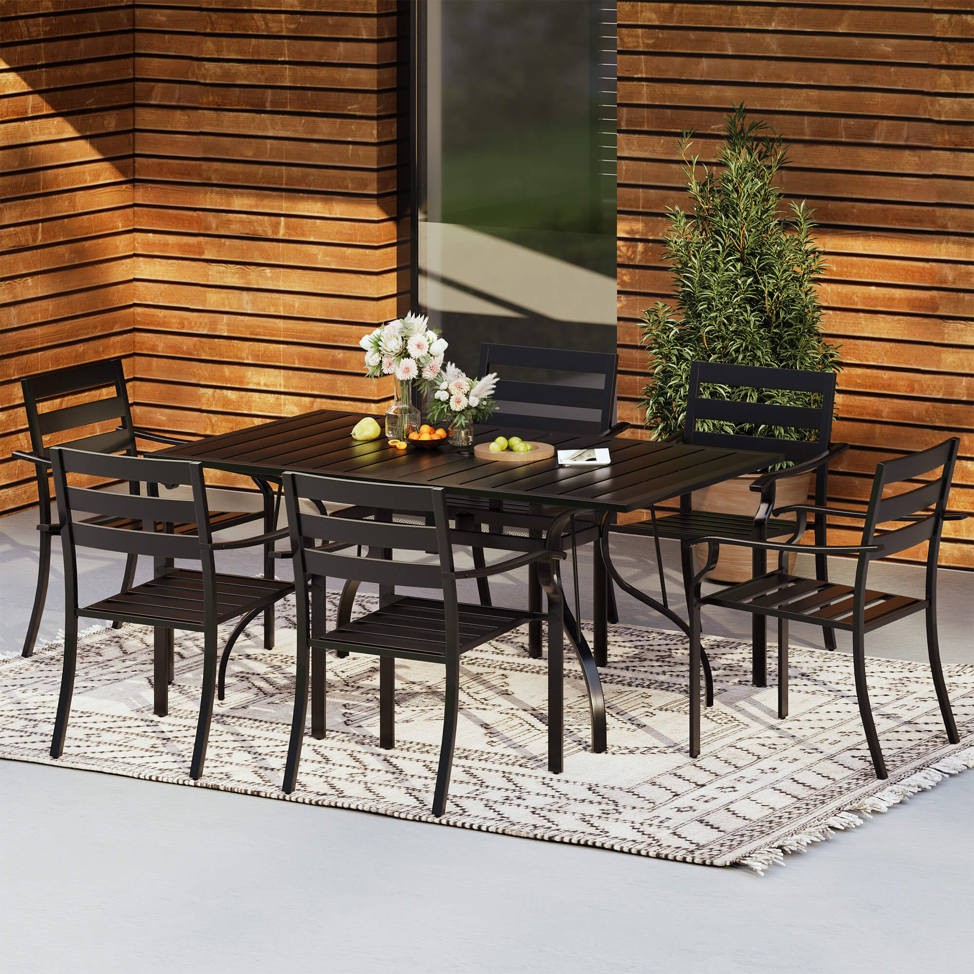 HOMREST 7-Piece Outdoor Patio Dining Set for 6, Rectangular Metal Table with Umbrella Hole & Stackable Chairs