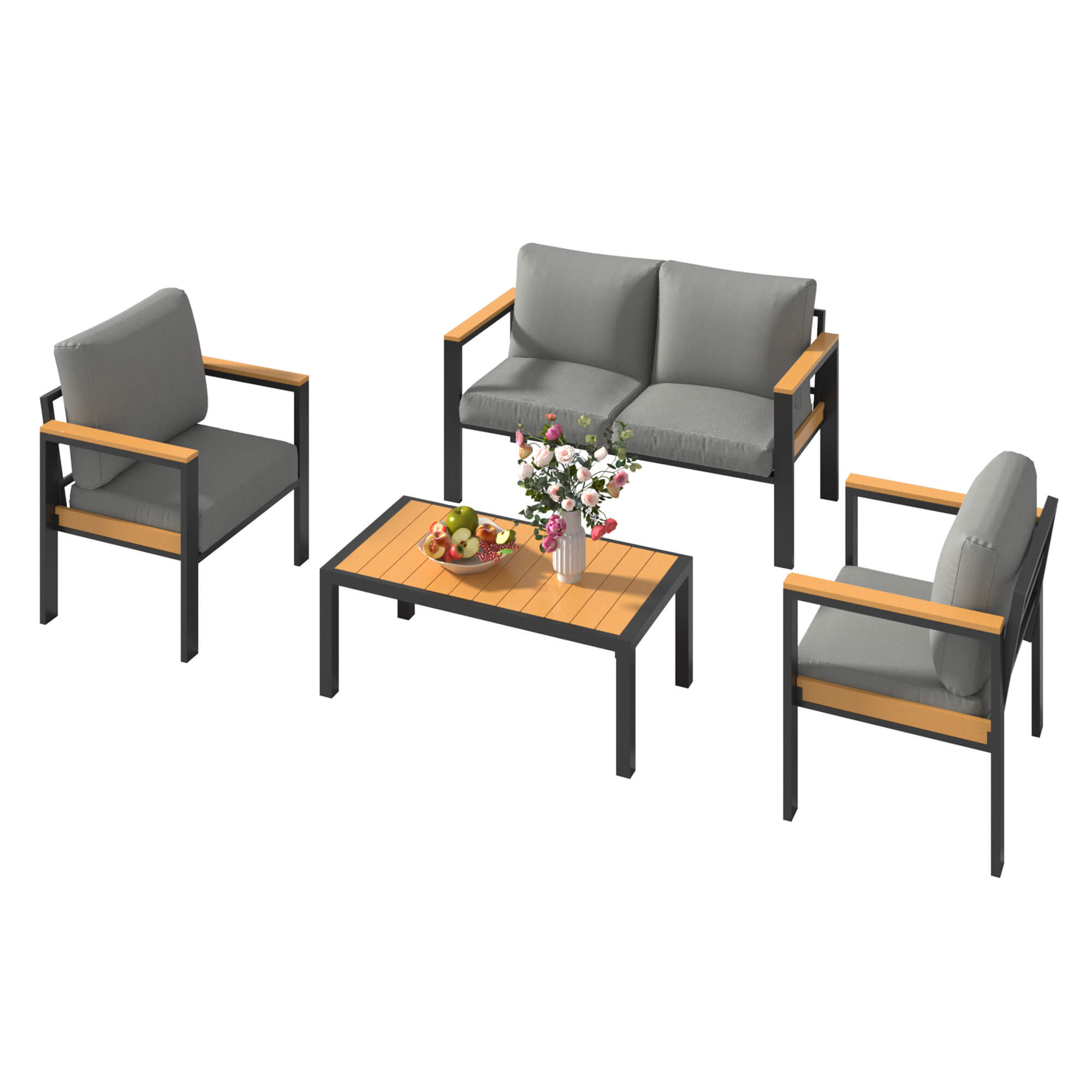 HOMREST 4 Piece Patio Furniture Set, Metal Patio Conversation Set with Coffee Table, All-Weather Outdoor Furniture, Gray