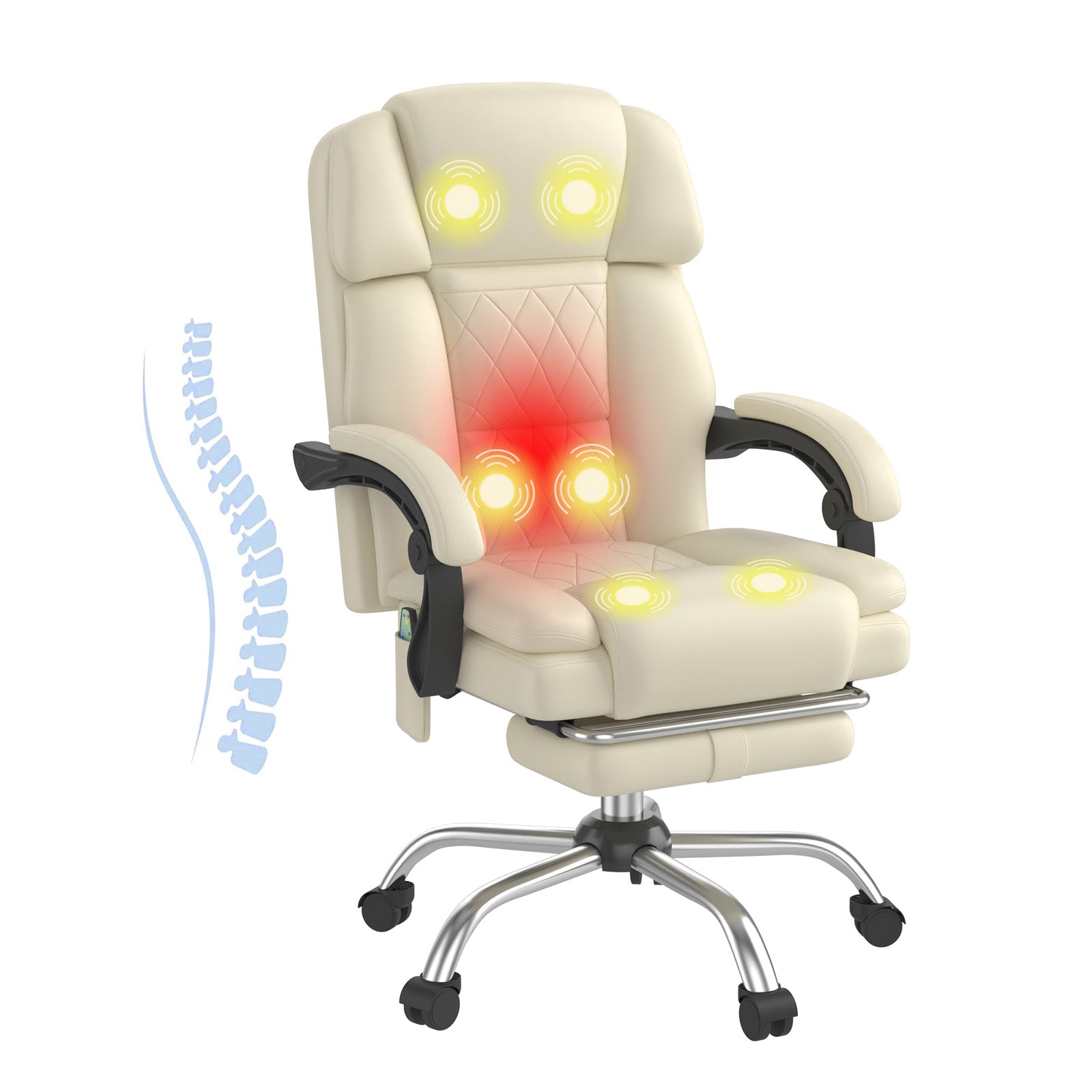 HOMREST 6-Point Massage Office Chair with Heat, Ergonomic Reclining Desk Chair with Footrest, PU Leather Executive Chair for Home Office,Comfortable Computer Chair Gift for Women, Off White