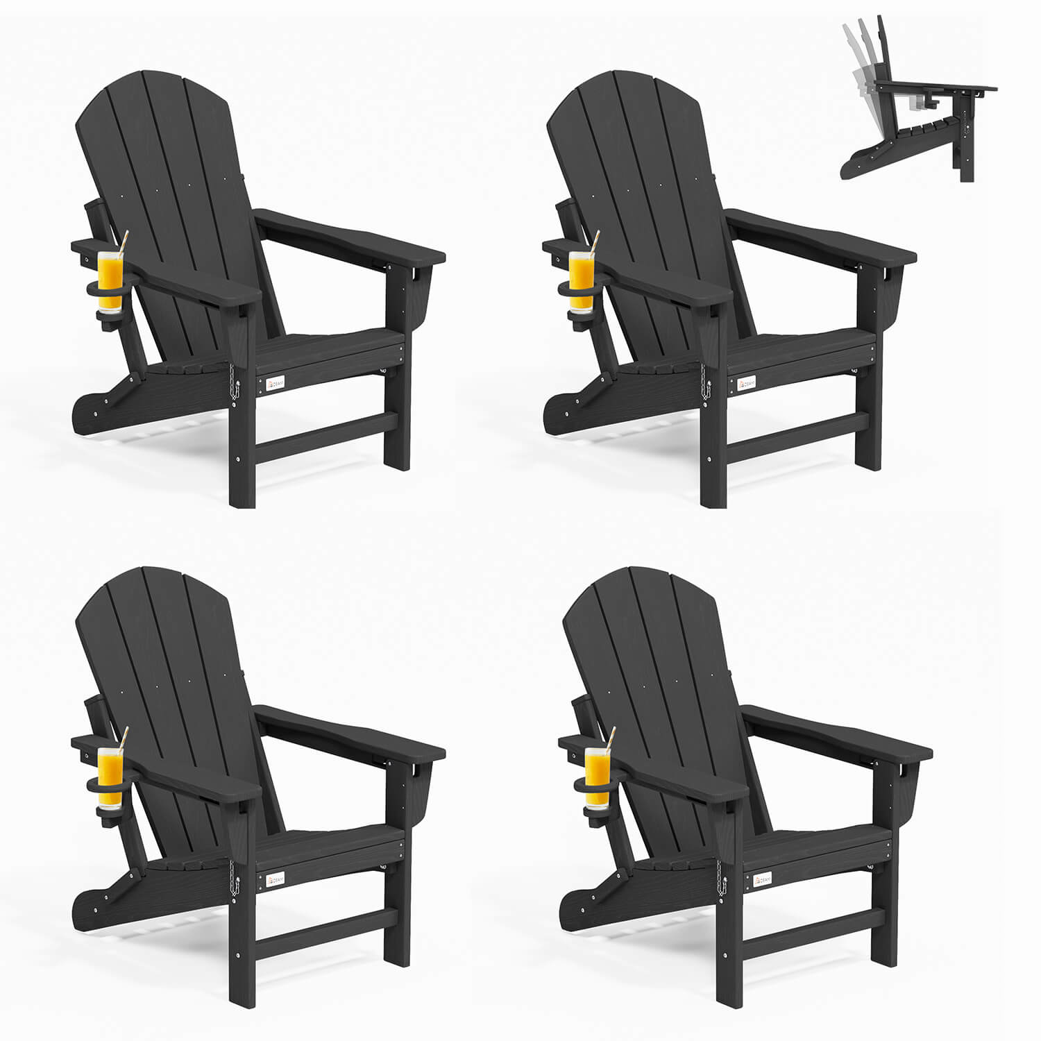 HOMREST 3-Position Adjustable Adirondack Chairs Set of 4, 400LBS HDPE Folding Outdoor Chairs with Cup Holder, Black