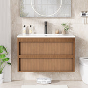 HOMREST 30 Inch Bathroom Vanity with Sink, Floating Bathroom Vanity with 2 Large Storage Drawers, Wood Grain Wall Mounted Bathroom Cabinet, Brown