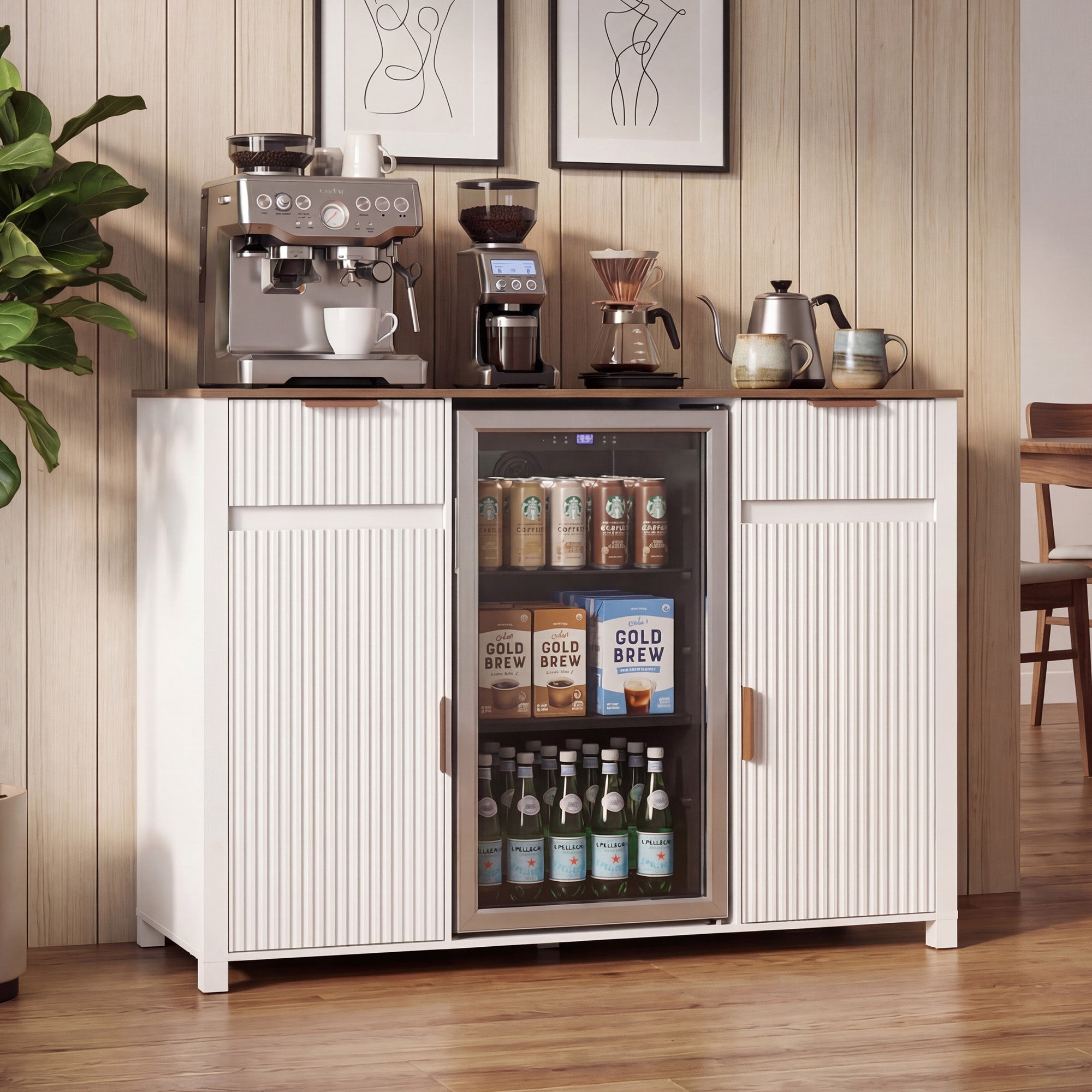 HOMREST 53" Large Coffee Bar Cabinet with Fridge Space & Power Outlet, Mini Fridge Cabinet with Drawer & Door Storage, Wine Bar & Buffet Sideboard for Kitchen and Dining Room, Liquor Cabinet, White