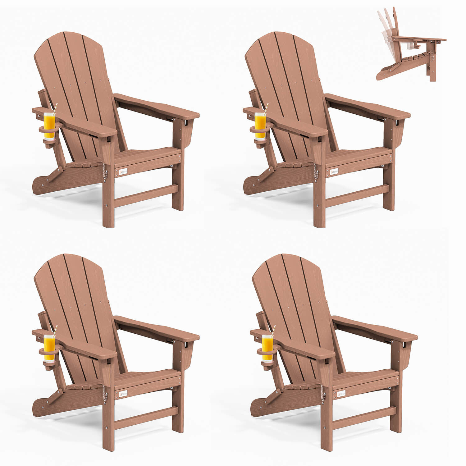 HOMREST 3-Position Adjustable Adirondack Chairs Set of 4, 400LBS HDPE Folding Outdoor Chairs with Cup Holder, Teak