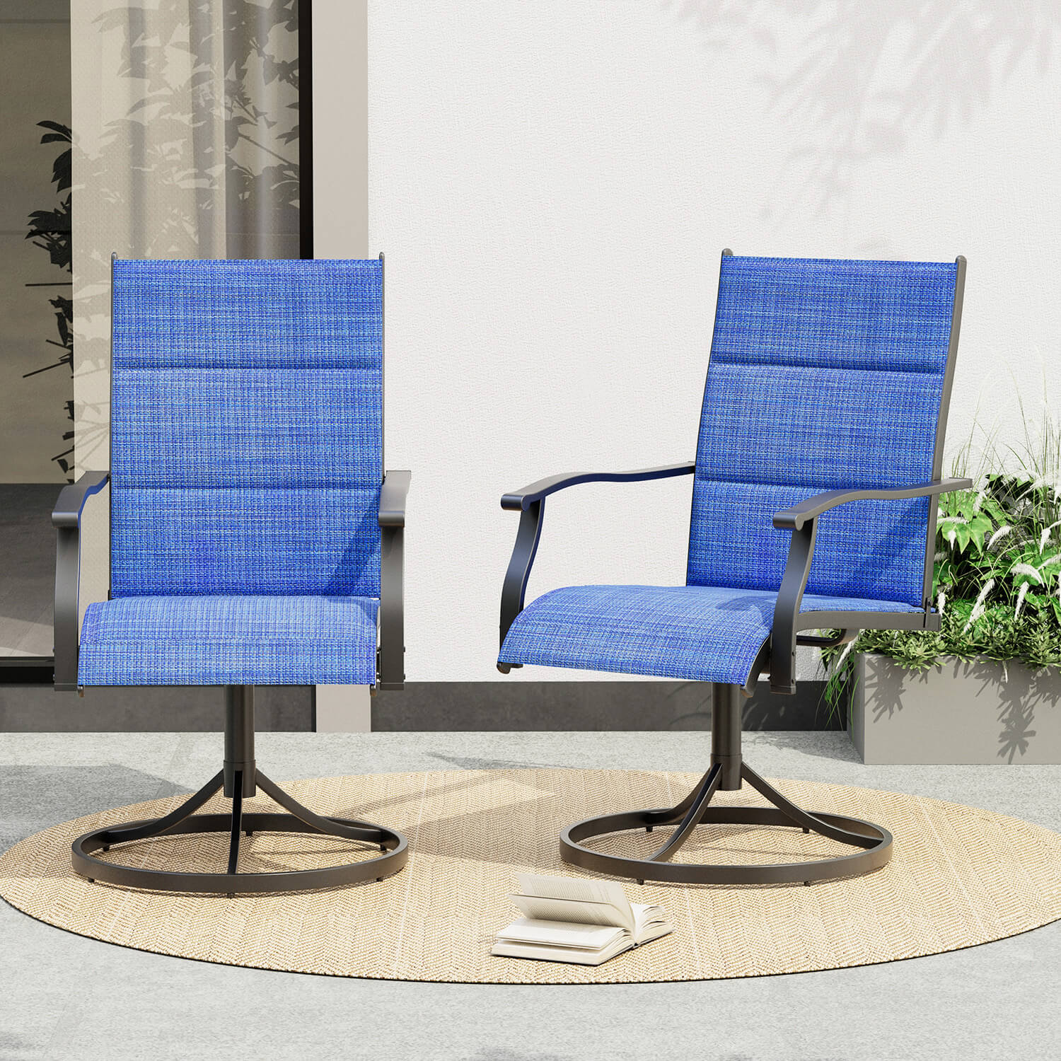 HOMREST Patio Swivel Chairs Set of 4, 360¡ã Swivel, 15¡ã Rocking, Outdoor Dining Chairs with Padded All Weather Quick-Drying Textilene High Back & Metal Frame, Blue