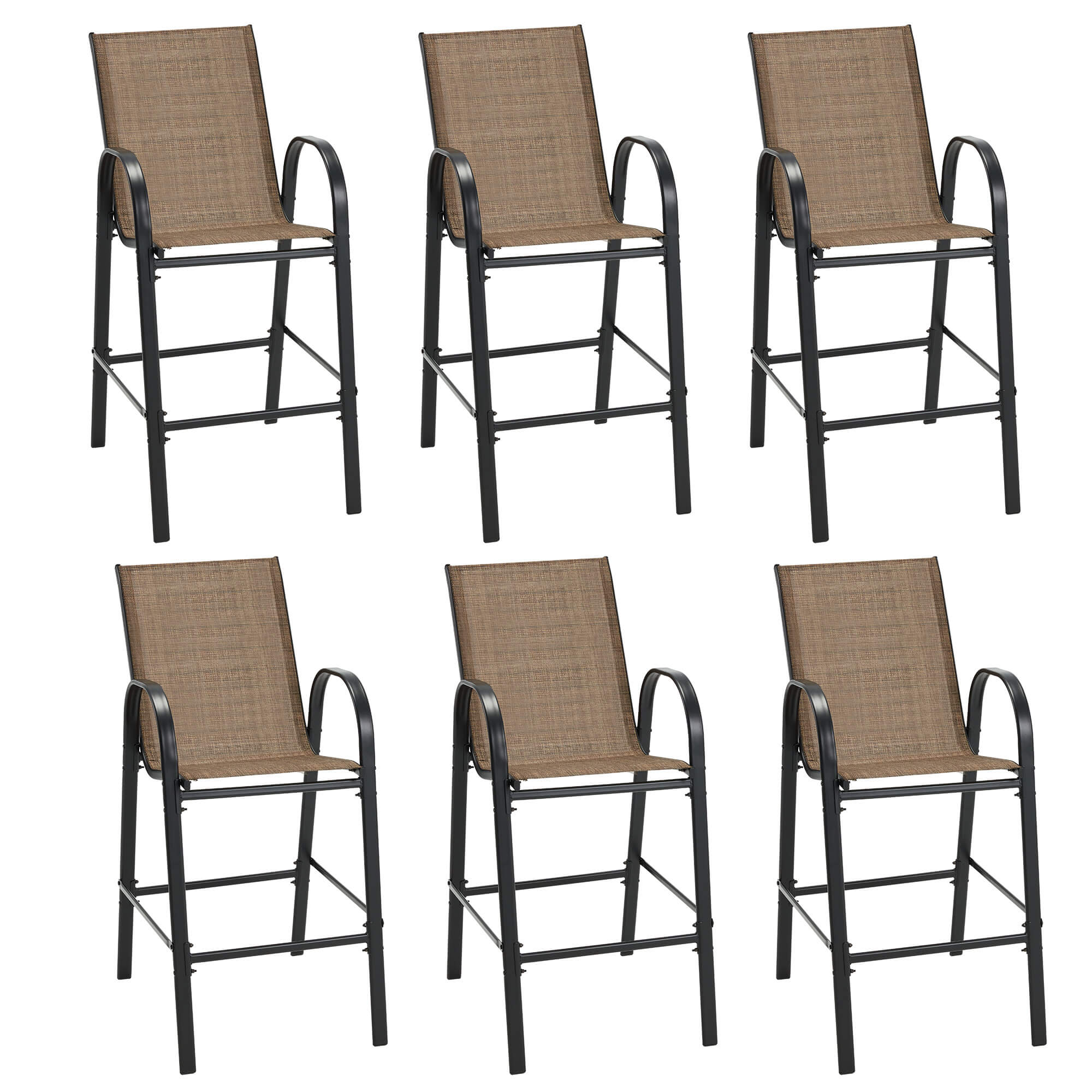 HOMREST Outdoor Bar Height Stools Set of 6, High Back Patio Chairs with Armrests,Textilene Chairs with Breathable Fabric & Metal Frame, Brown