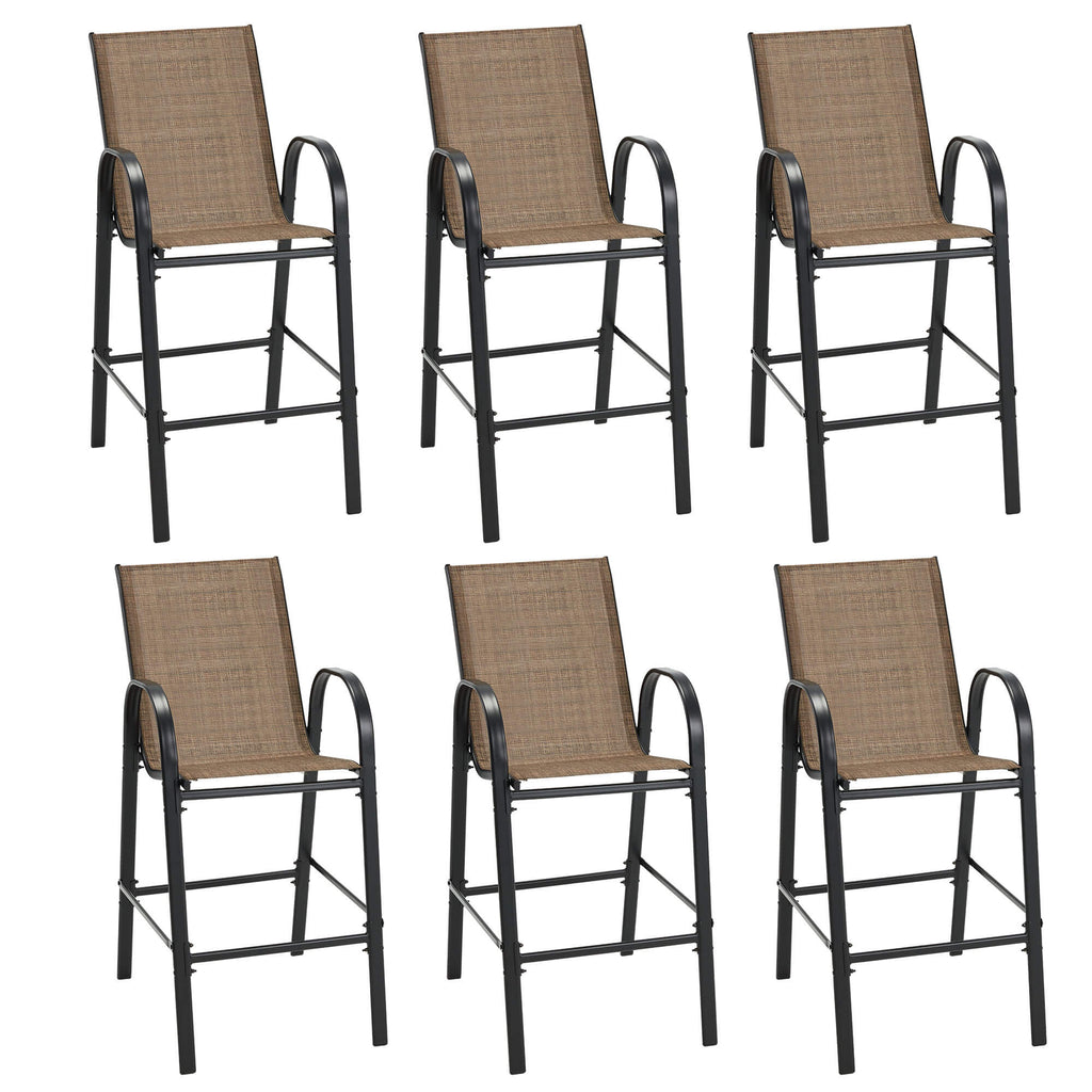 HOMREST Outdoor Bar Height Stools Set of 6, High Back Patio Chairs with Armrests,Textilene Chairs with Breathable Fabric & Metal Frame, Brown