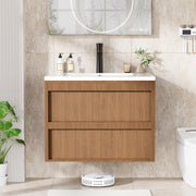 HOMREST 24 Inch Bathroom Vanity with Sink, Floating Bathroom Vanity with 2 Large Storage Drawers, Wood Grain Wall Mounted Bathroom Cabinet,  Brown