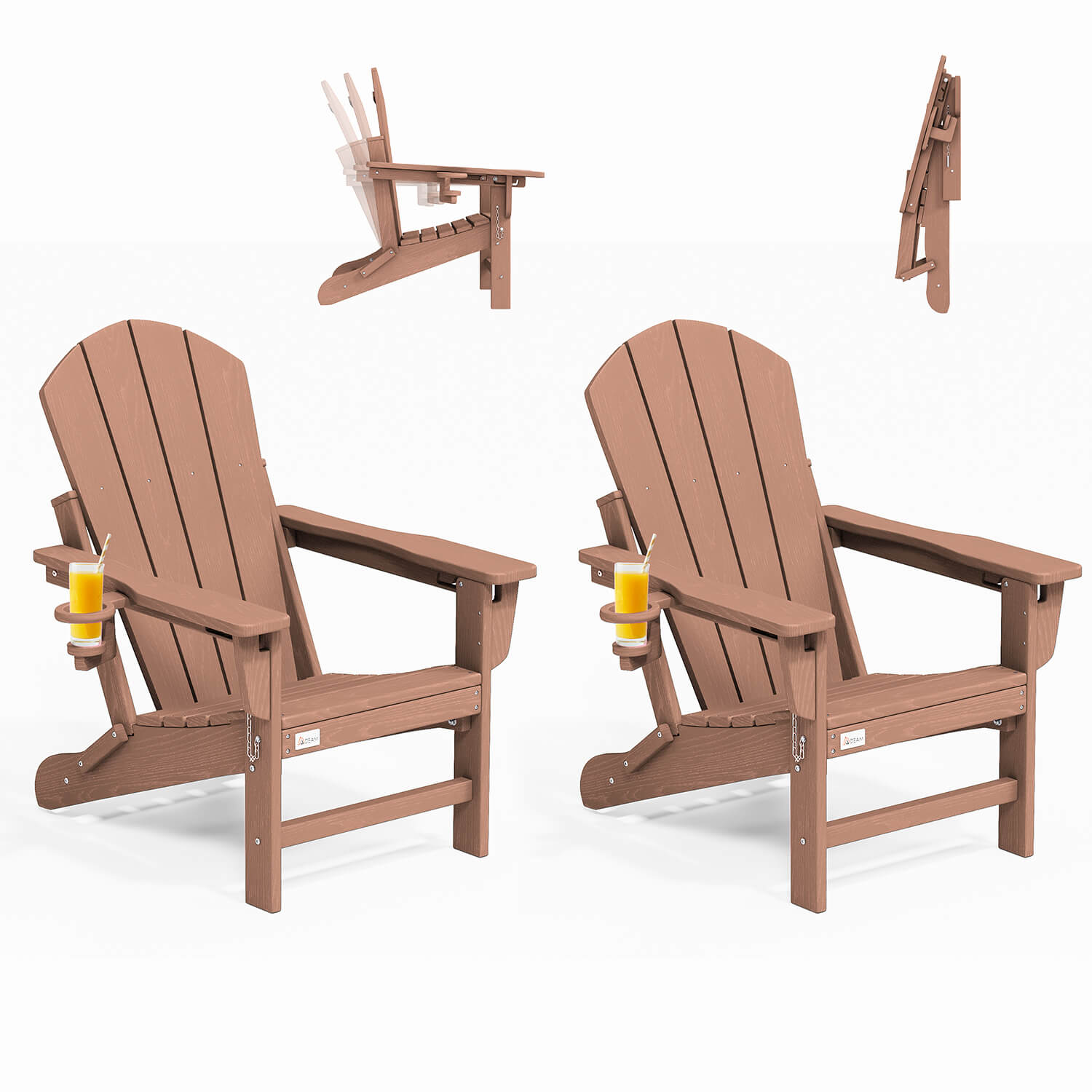 HOMREST 3-Position Adjustable Adirondack Chairs Set of 2, 400LBS HDPE Folding Outdoor Chairs with Cup Holder, Teak