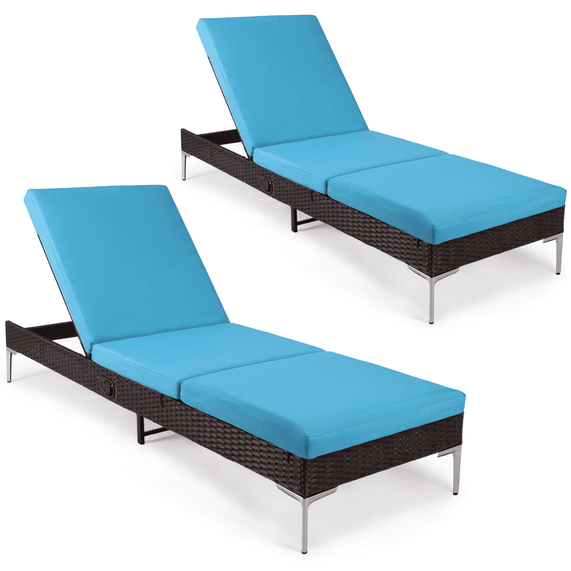 Homrest 2PCS Patio Rattan Chaise Lounge Chair Outdoor Wicker Recliner Thickened Cushion Stepless Adjustable with Gas Cylinder  (Blue)