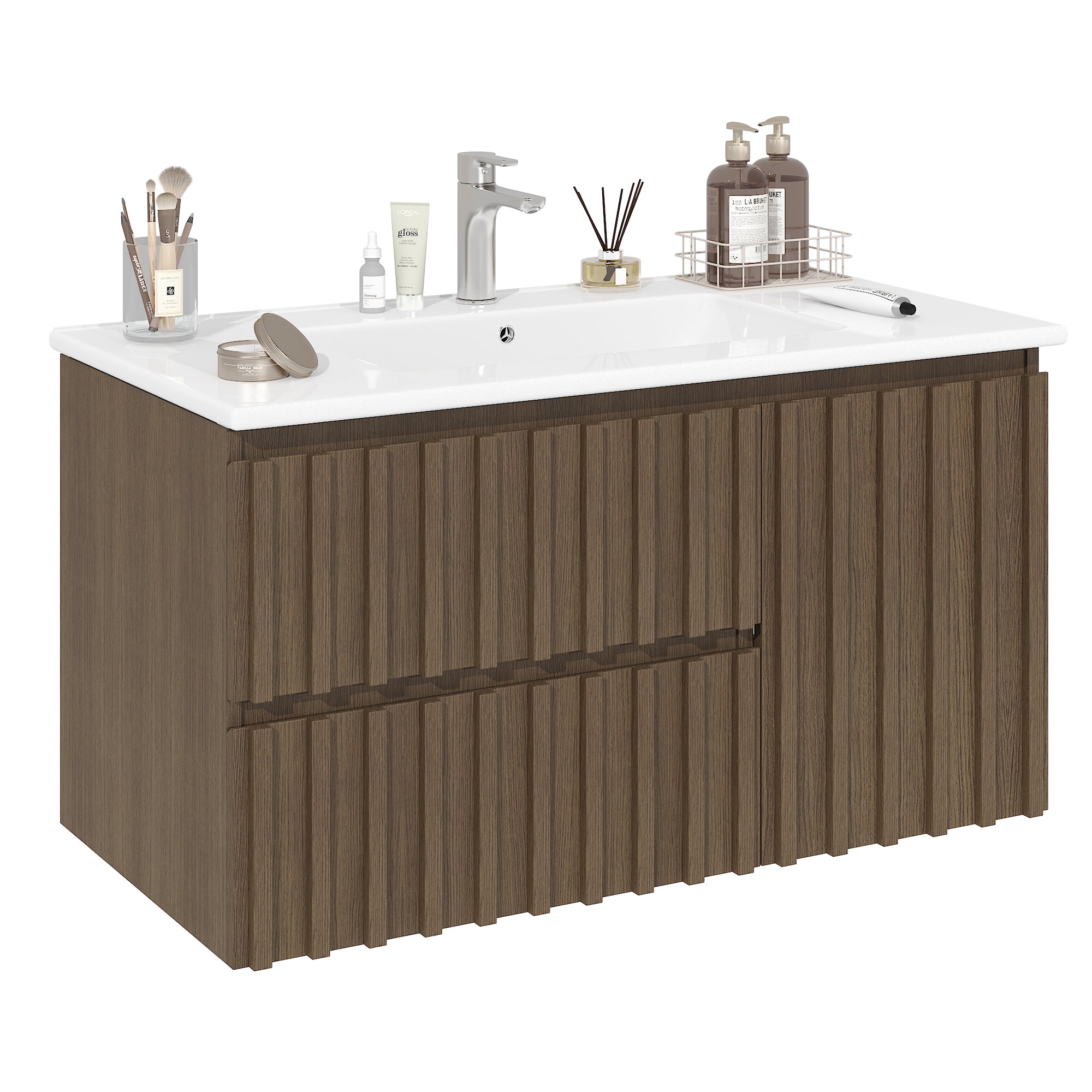 Homrest 36" Wall Mounted Single Bathroom Vanity With Ceramic Sink, Bathroom Vanity With Spacious Cabinet And 2 Soft-close Drawers,  Brown
