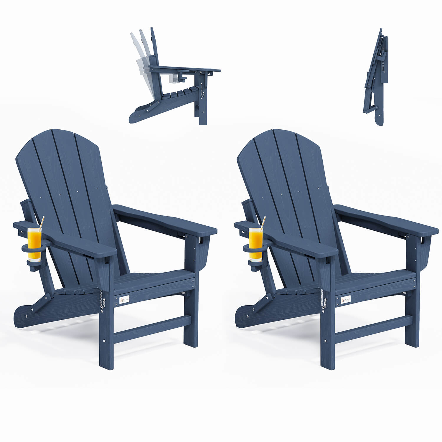 HOMREST 3-Position Adjustable Adirondack Chairs Set of 2, 400LBS HDPE Folding Outdoor Chairs with Cup Holder, Navy Blue