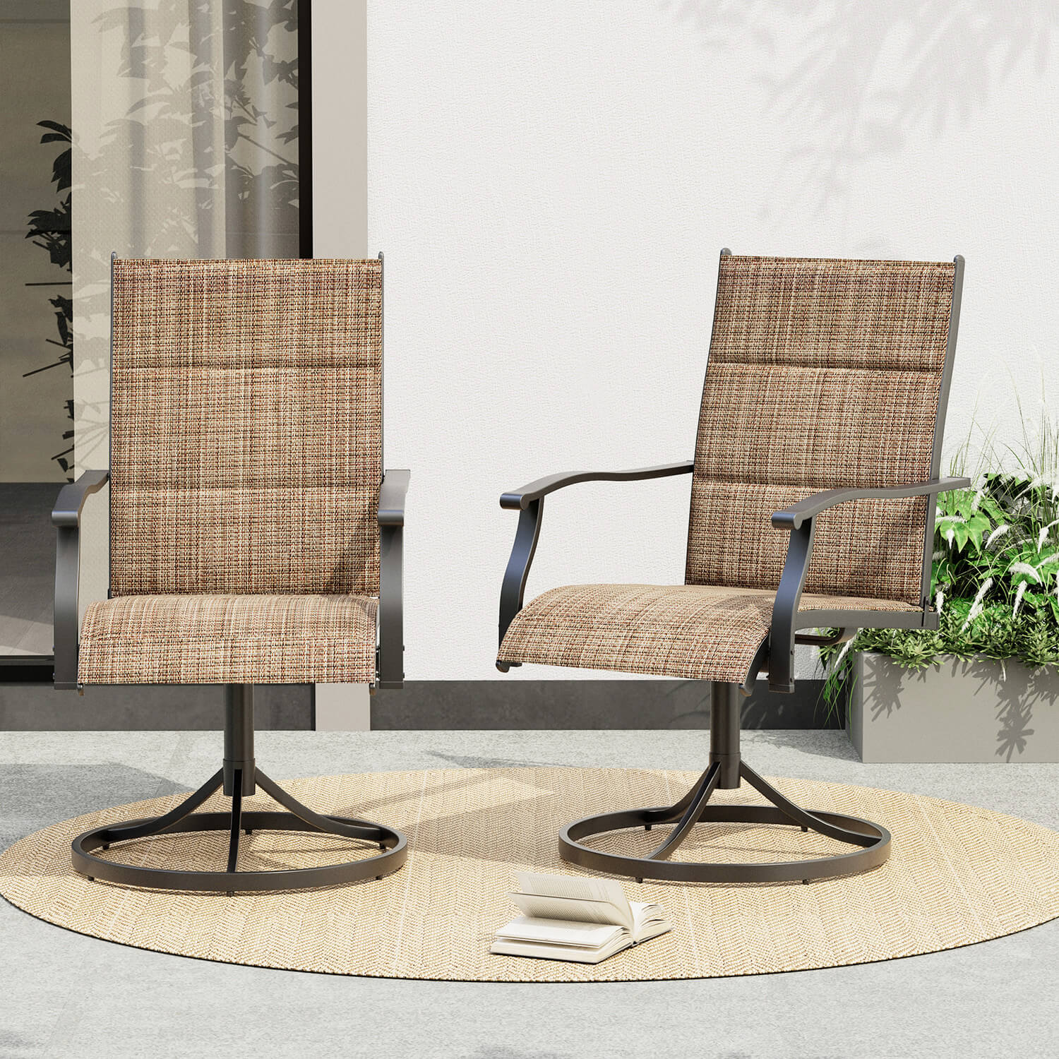 HOMREST Patio Swivel Chairs Set of 4, 360° Swivel, 15° Rocking, Outdoor Dining Chairs with Padded All Weather Quick-Drying Textilene High Back & Metal Frame, Brown
