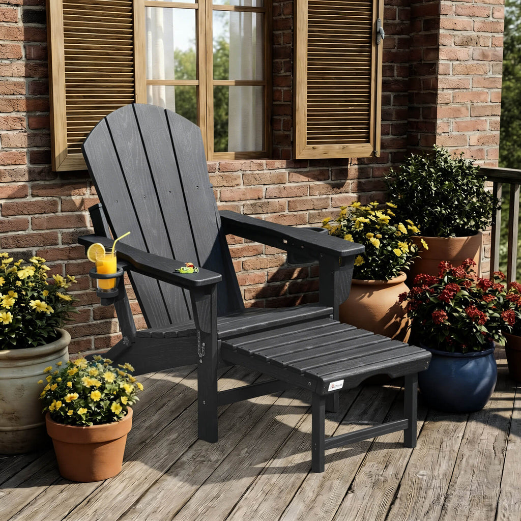 HOMREST 3-Level  Adjustable Adirondack Chair with Retractable Ottoman, Folding HDPE Outdoor Chair with Cup Holders, Black