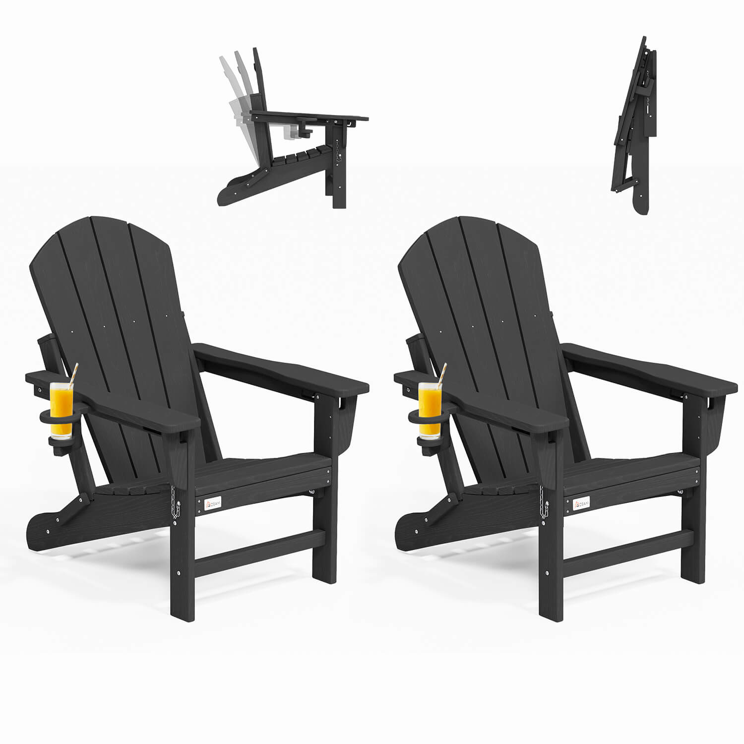 HOMREST 3-Position Adjustable Adirondack Chairs Set of 2, 400LBS HDPE Folding Outdoor Chairs with Cup Holder, Black