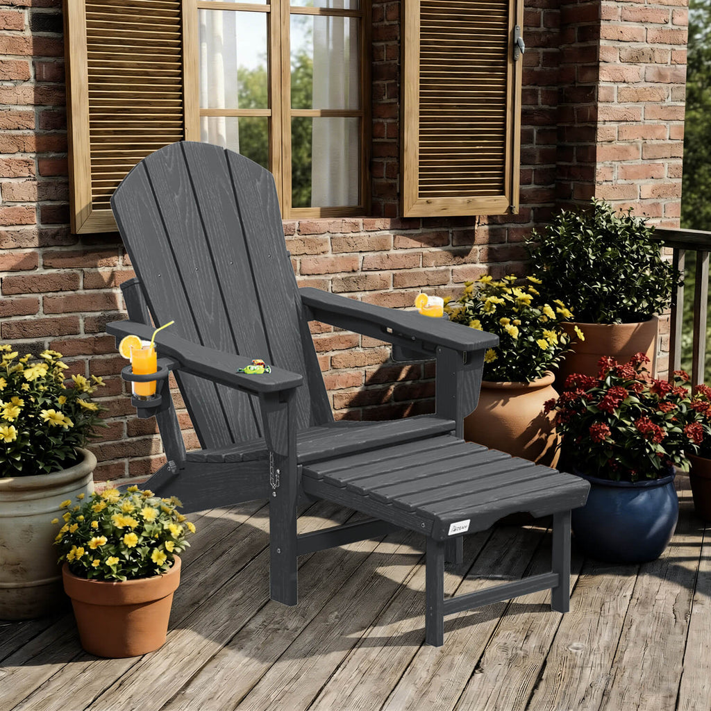 HOMREST 3-Level  Adjustable Adirondack Chair with Retractable Ottoman, Folding HDPE Outdoor Chair with Cup Holders, Gray