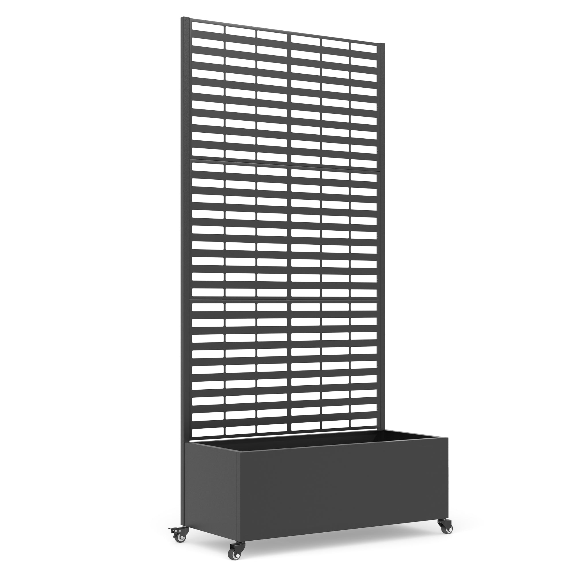 HOMREST Metal Planter Box with Trellis, 73"x 35"x 16" Raised Garden Bed with Wheels and Drainage Holes, Planter with Trellis for Garden, Balcony and Patio, Black Louvered
