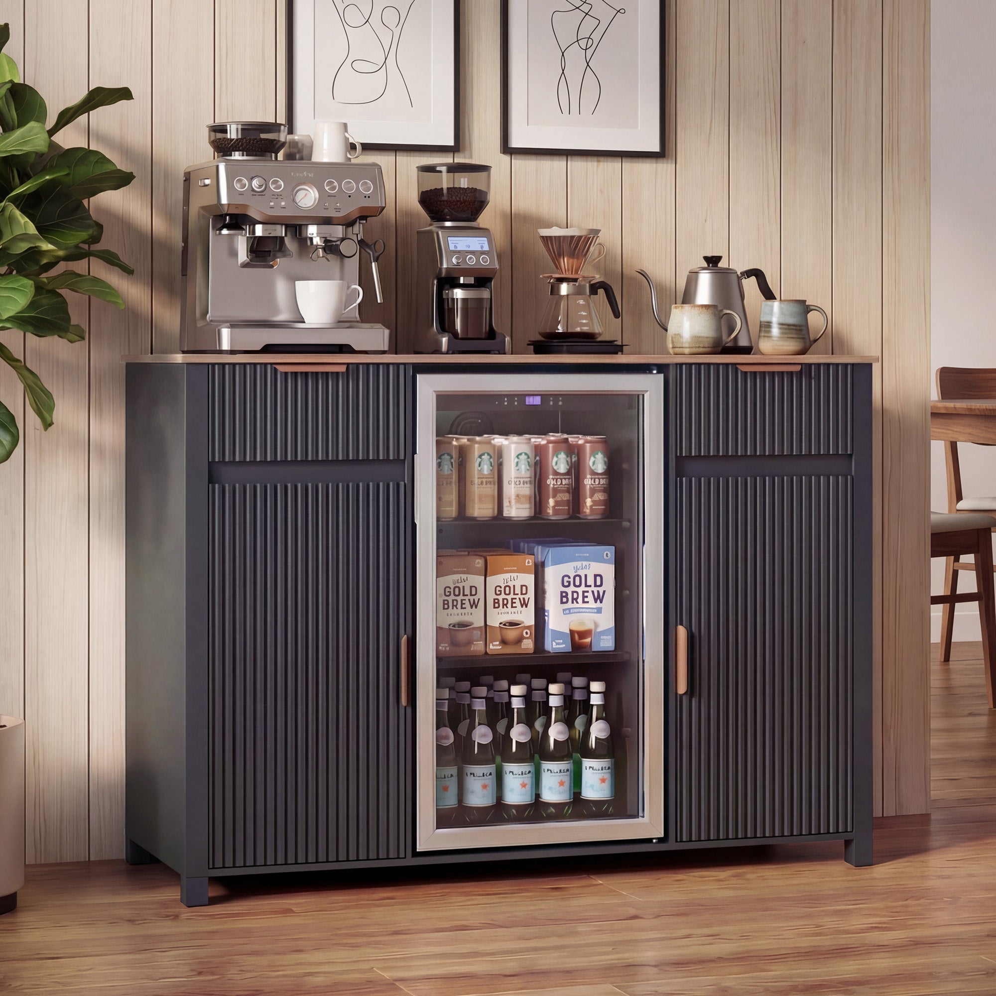 HOMREST 53" Large Coffee Bar Cabinet with Fridge Space & Power Outlet, Mini Fridge Cabinet with Drawer & Door Storage, Wine Bar & Buffet Sideboard for Kitchen and Dining Room, Liquor Cabinet, Black