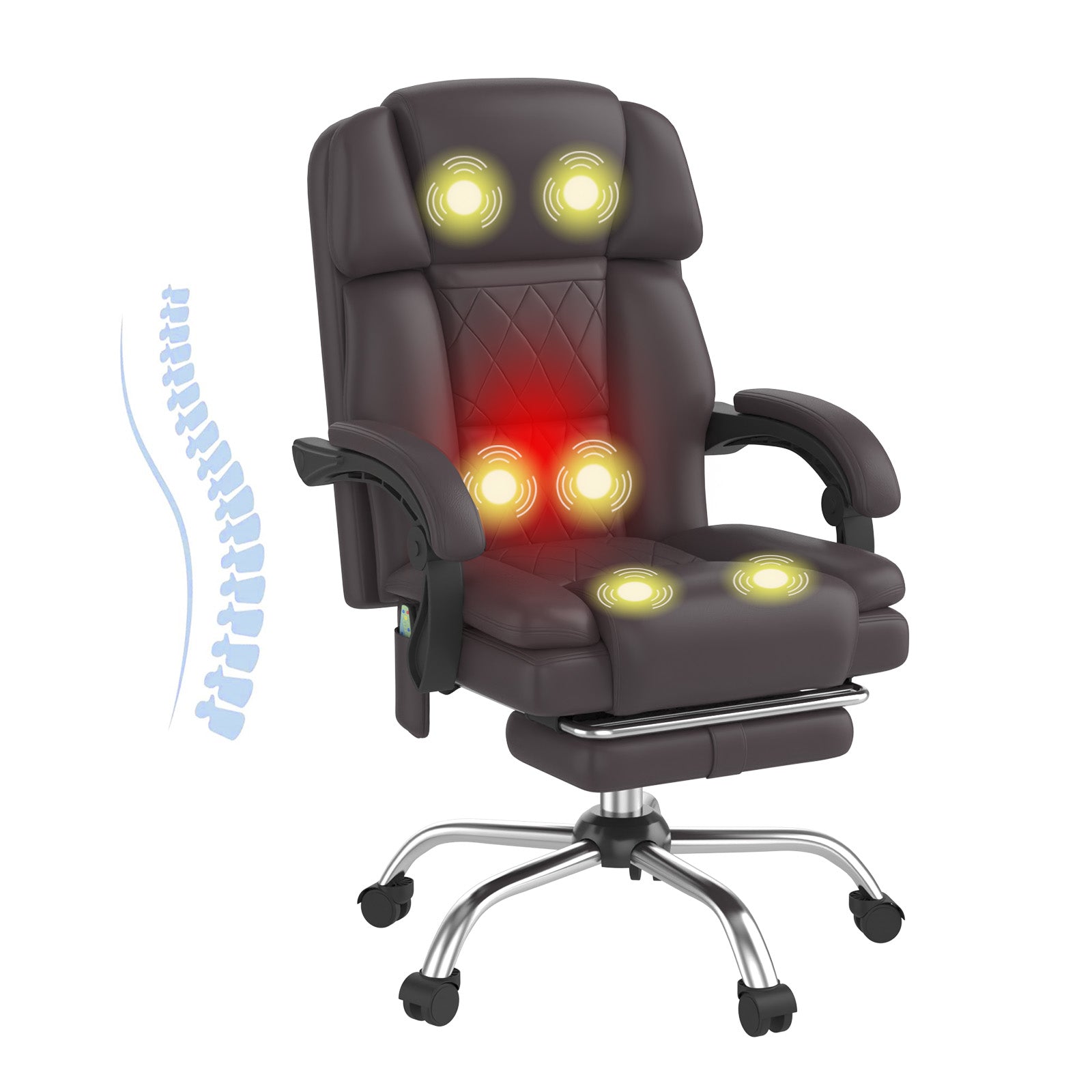 HOMREST 6-Point Massage Office Chair with Heat, Ergonomic Reclining Desk Chair with Footrest, PU Leather Executive Chairs for Home Office, Massaging Computer Chair Gift for Men, Brown