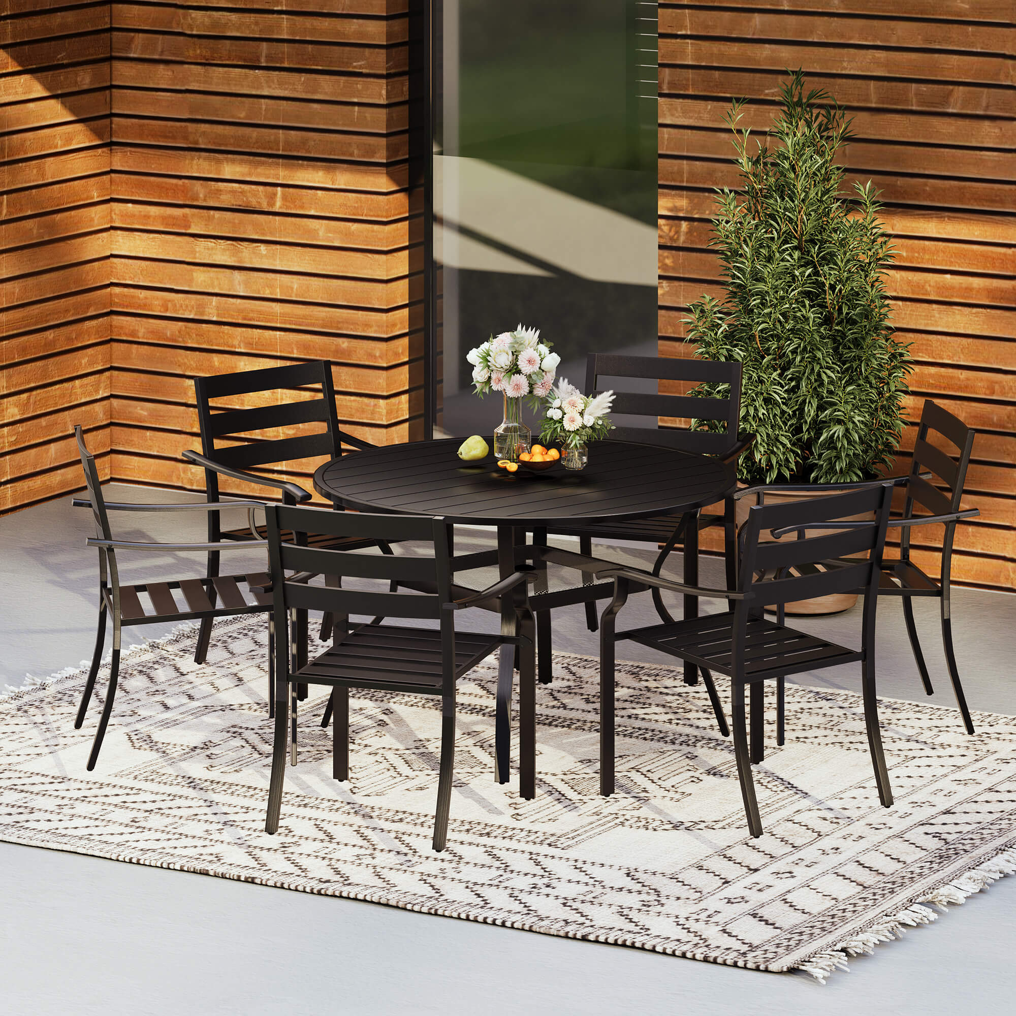 HOMREST 7-Piece Outdoor Patio Dining Set for 6, Round Metal Table with Umbrella Hole & Stackable Chairs