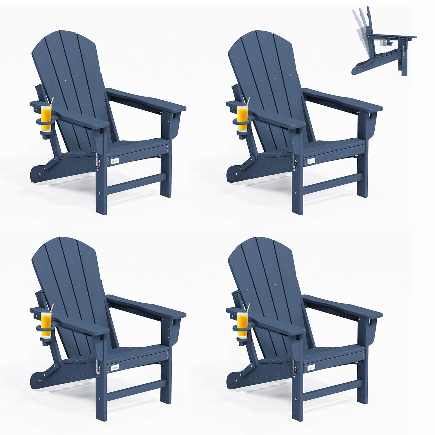 HOMREST 3-Position Adjustable Adirondack Chairs Set of 4, 400LBS HDPE Folding Outdoor Chairs with Cup Holder, Navy Blue