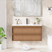 HOMREST 36 Inch Bathroom Vanity with Sink, Floating Bathroom Vanity with 2 Large Storage Drawers, Wood Grain Wall Mounted Bathroom Cabinet, Walnut