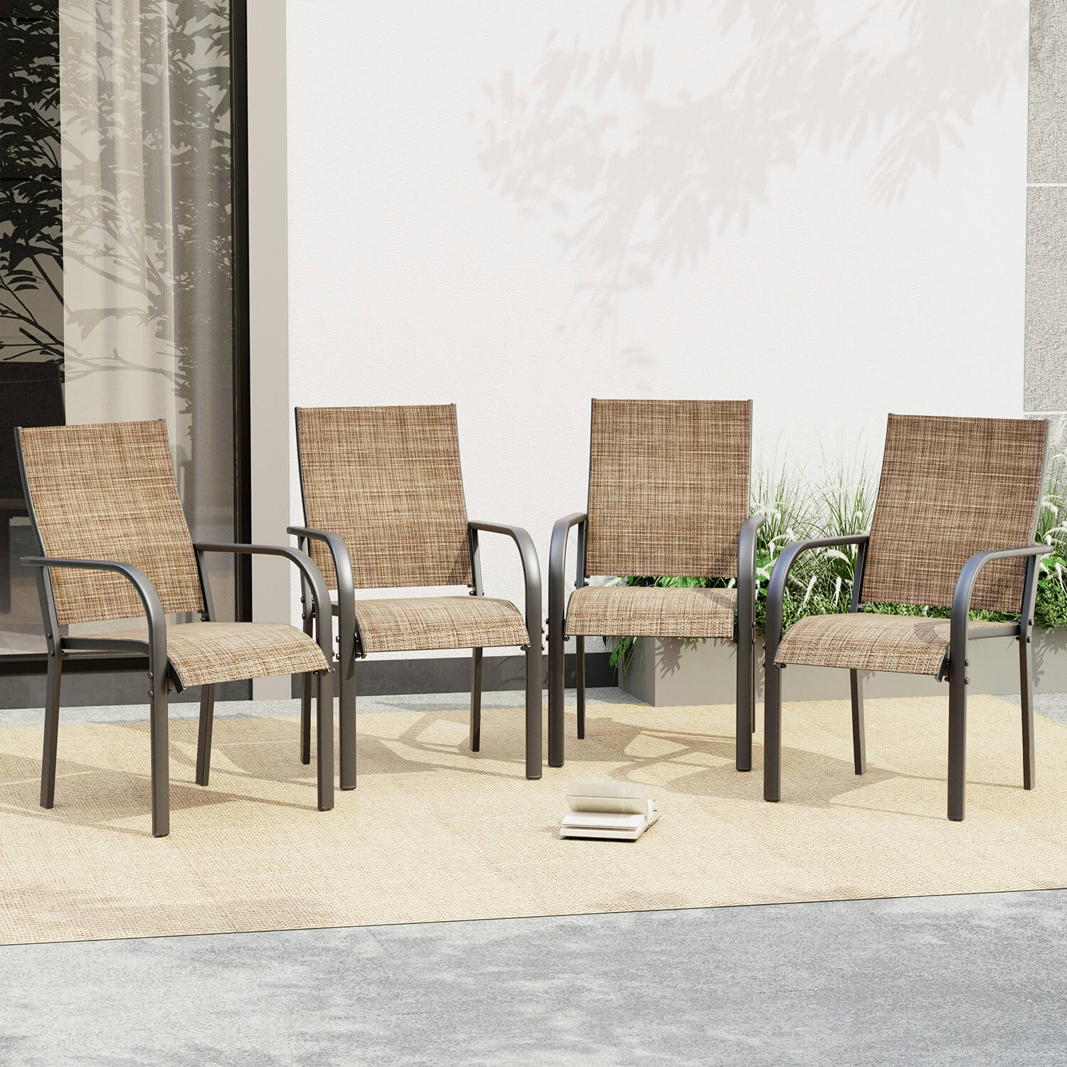 HOMREST Patio Chairs Set of 4, 330 LBS Capacity, 17.83" Widened Outdoor Dining Chairs with All Weather Quick-Drying Textilene & Metal Frame, Brown