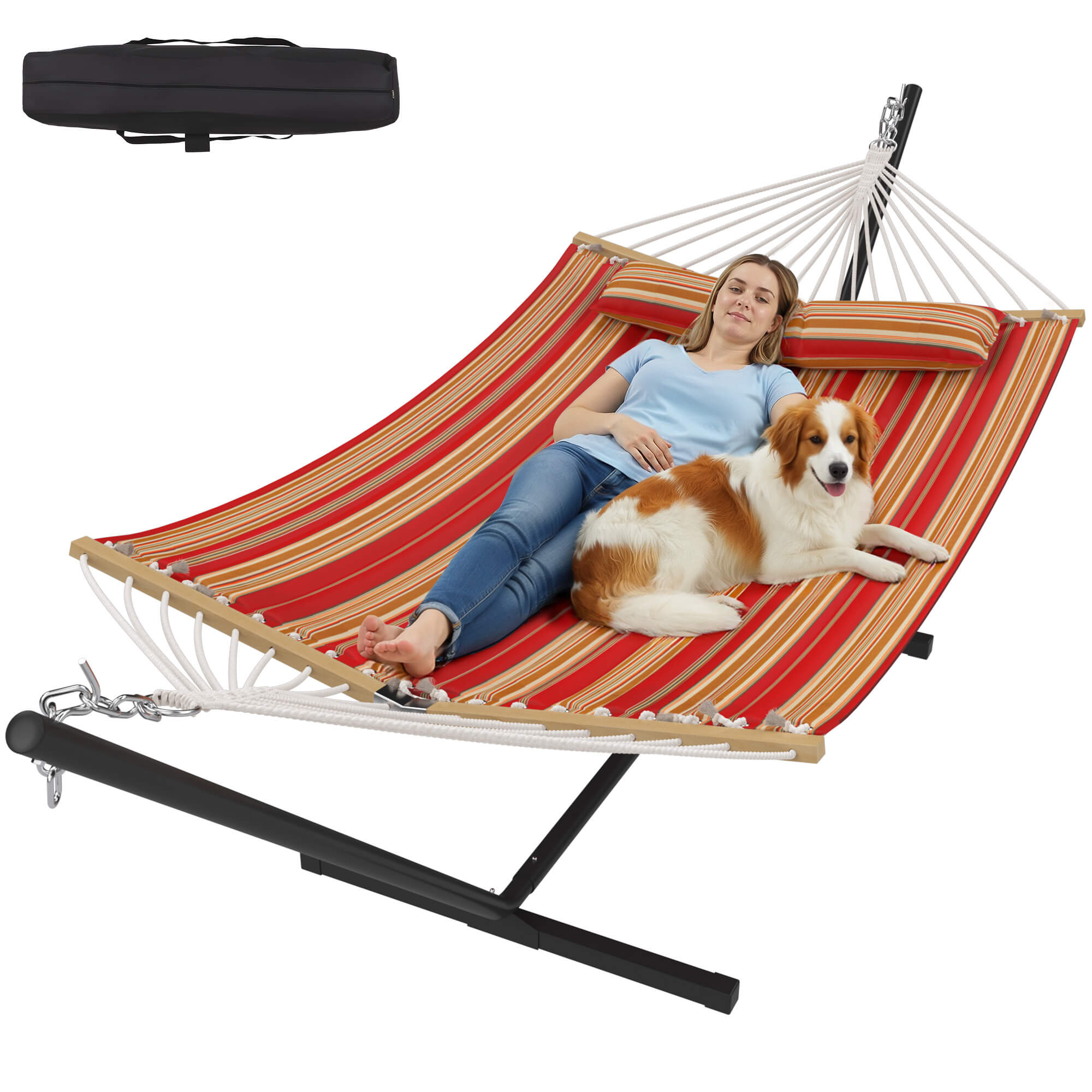 HOMREST Modern Rope Hammock with Stand, Portable Outdoor Hammock for Backyard, Beach & Camping, Red Stripes
