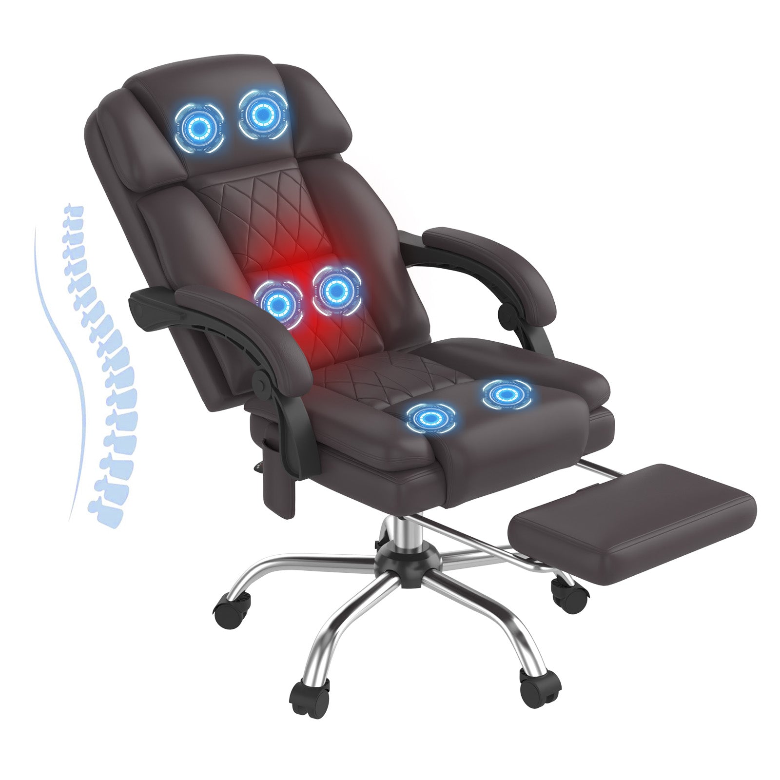 HOMREST 6-Point Massage Office Chair with Heat, Ergonomic Reclining Desk Chair with Footrest, PU Leather Executive Chairs for Home Office, Massaging Computer Chair Gift for Men, Brown