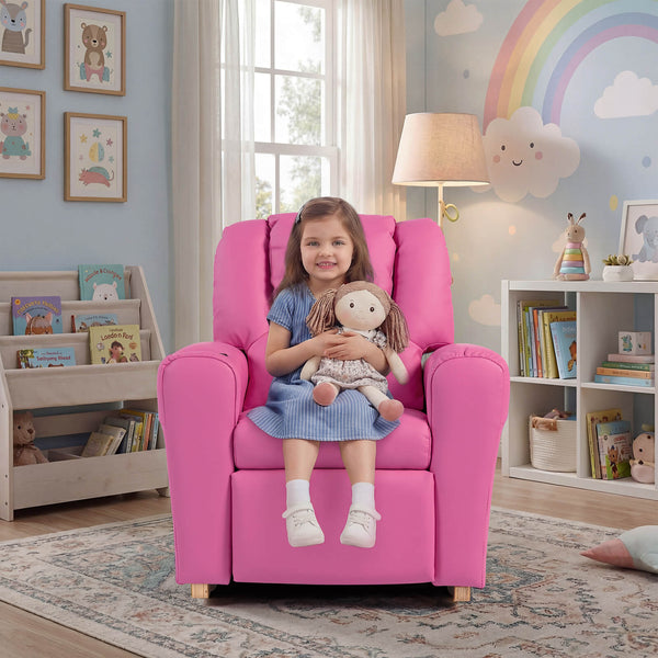 HOMREST Kids Recliner Chair with Cup Holder, Leather Toddler Recliner with Adjustable Backrest, Curved Rocking Legs and Comfy Armrests, Pink