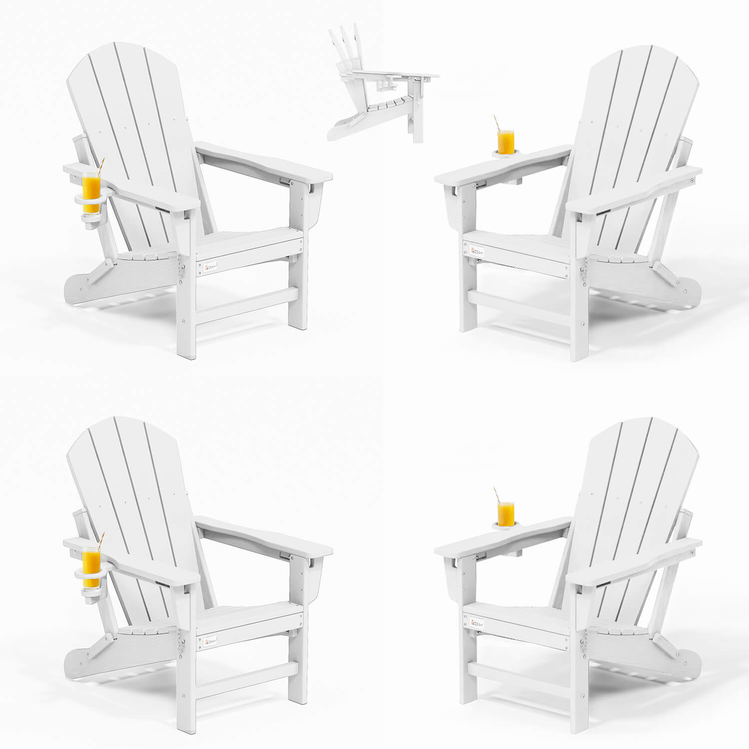 HOMREST 3-Position Adjustable Adirondack Chairs Set of 4, 400LBS HDPE Folding Outdoor Chairs with Cup Holder, White