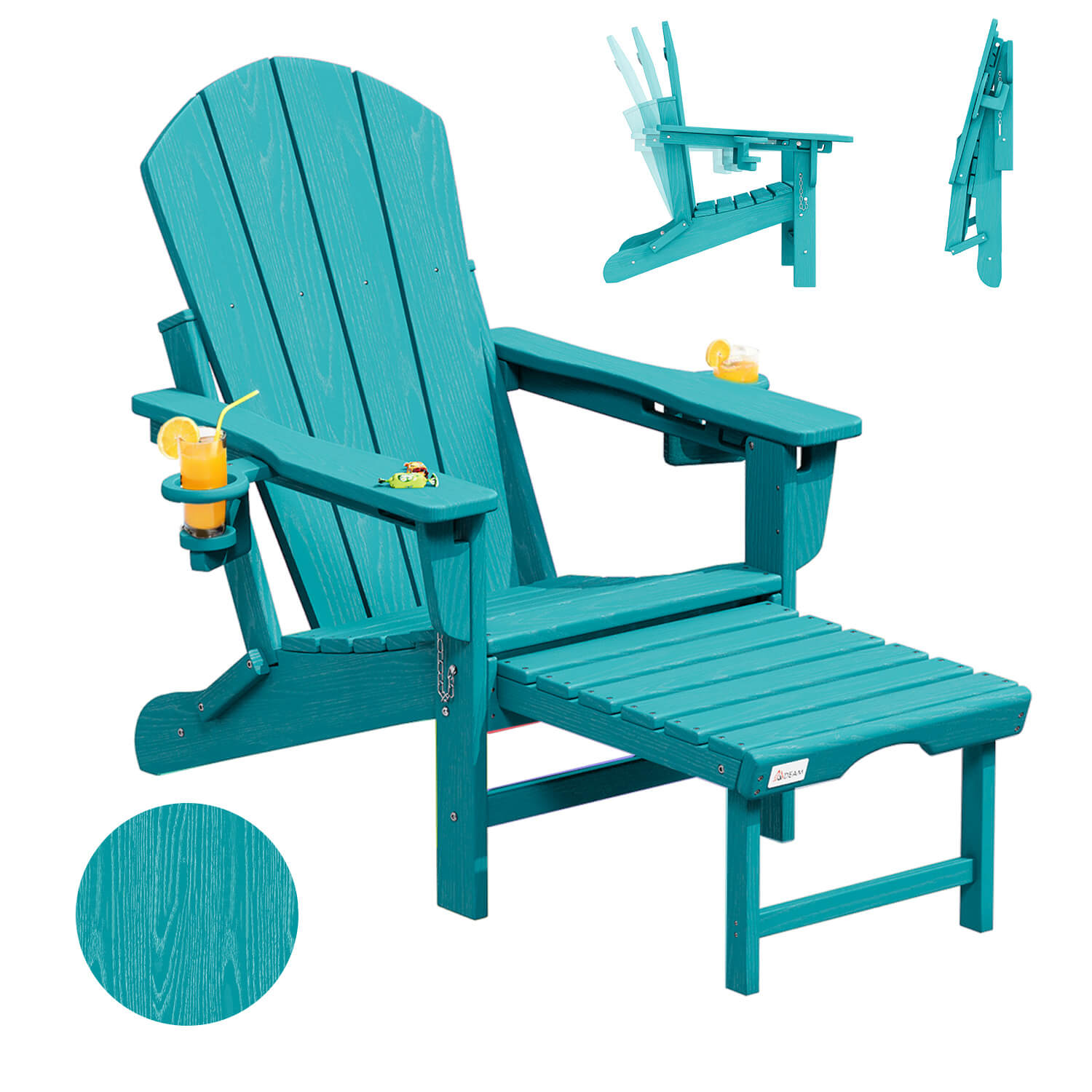 HOMREST 3-Level  Adjustable Adirondack Chair with Retractable Ottoman, Folding HDPE Outdoor Chair with Cup Holders, Aruba Blue