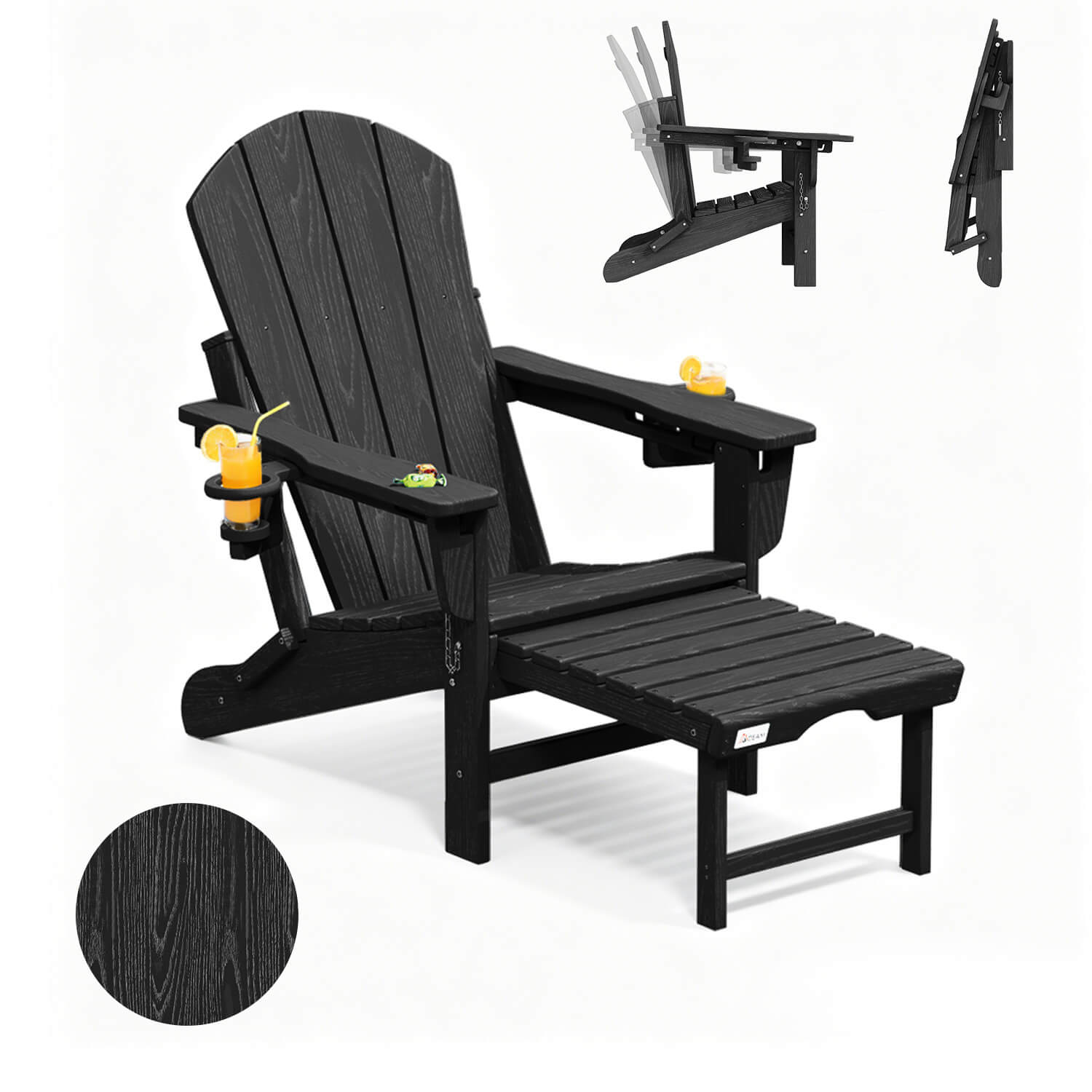 HOMREST 3-Level  Adjustable Adirondack Chair with Retractable Ottoman, Folding HDPE Outdoor Chair with Cup Holders, Black