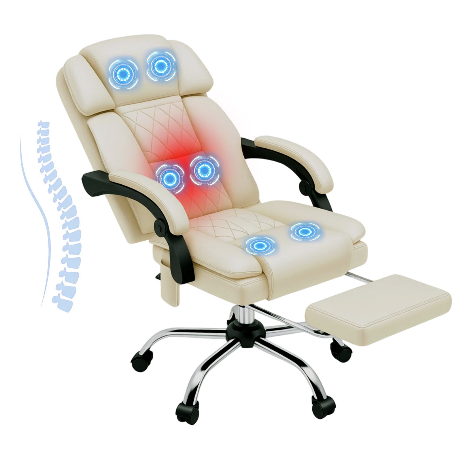 HOMREST 6-Point Massage Office Chair with Heat, Ergonomic Reclining Desk Chair with Footrest, PU Leather Executive Chair for Home Office,Comfortable Computer Chair Gift for Women, Off White