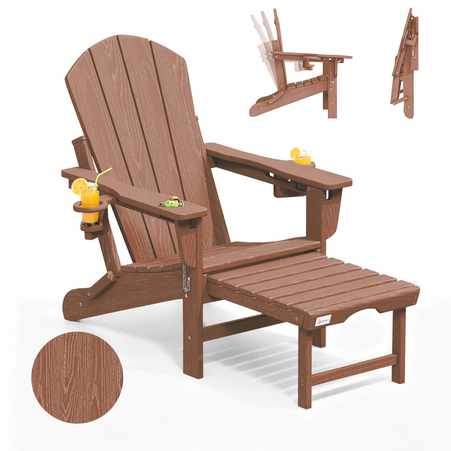 HOMREST 3-Level  Adjustable Adirondack Chair with Retractable Ottoman, Folding HDPE Outdoor Chair with Cup Holders, Teak