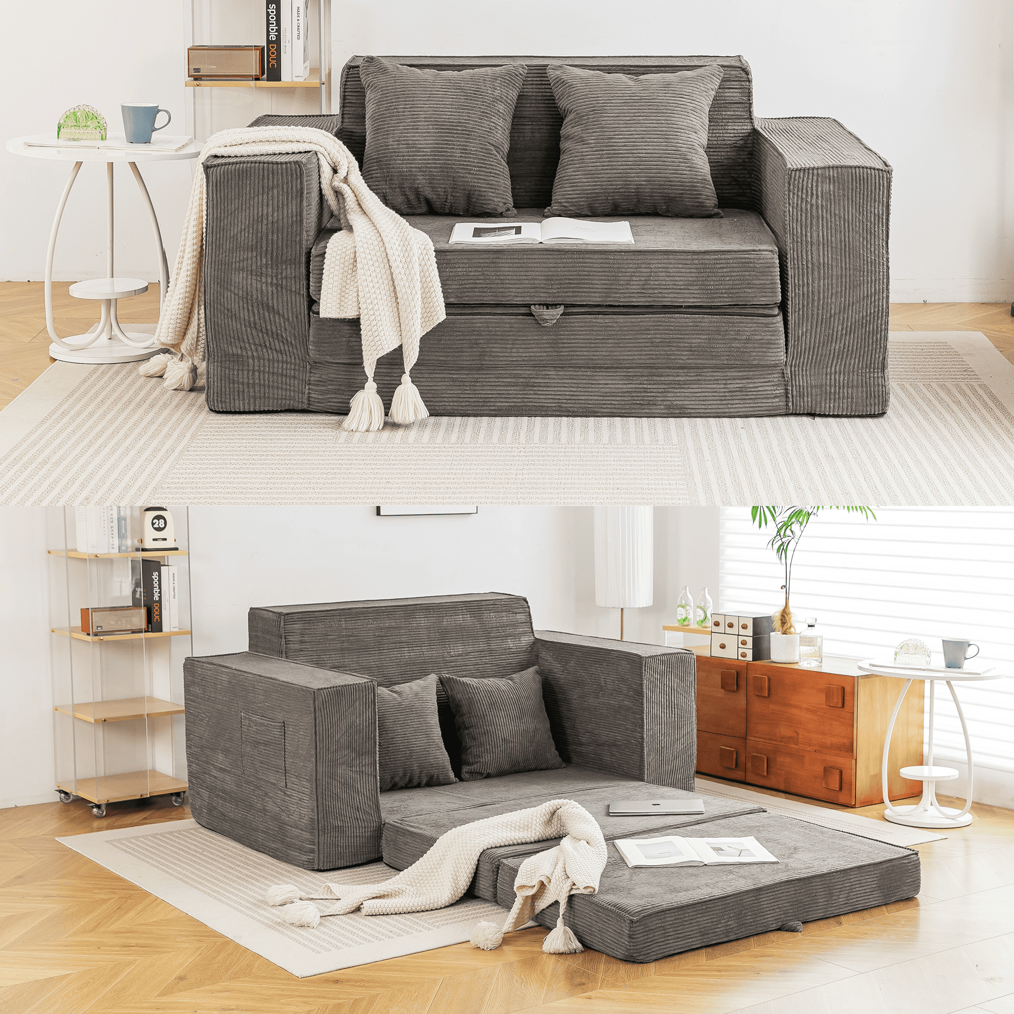 HOMREST 63 inch Convertible Memory Foam Loveseat Sofa, Pull Out Sleeper Sofa Bed, 2 in 1 Upholstered Boneless Couch with 2 Pillows for Living Room Bedroom Lounge, Grey