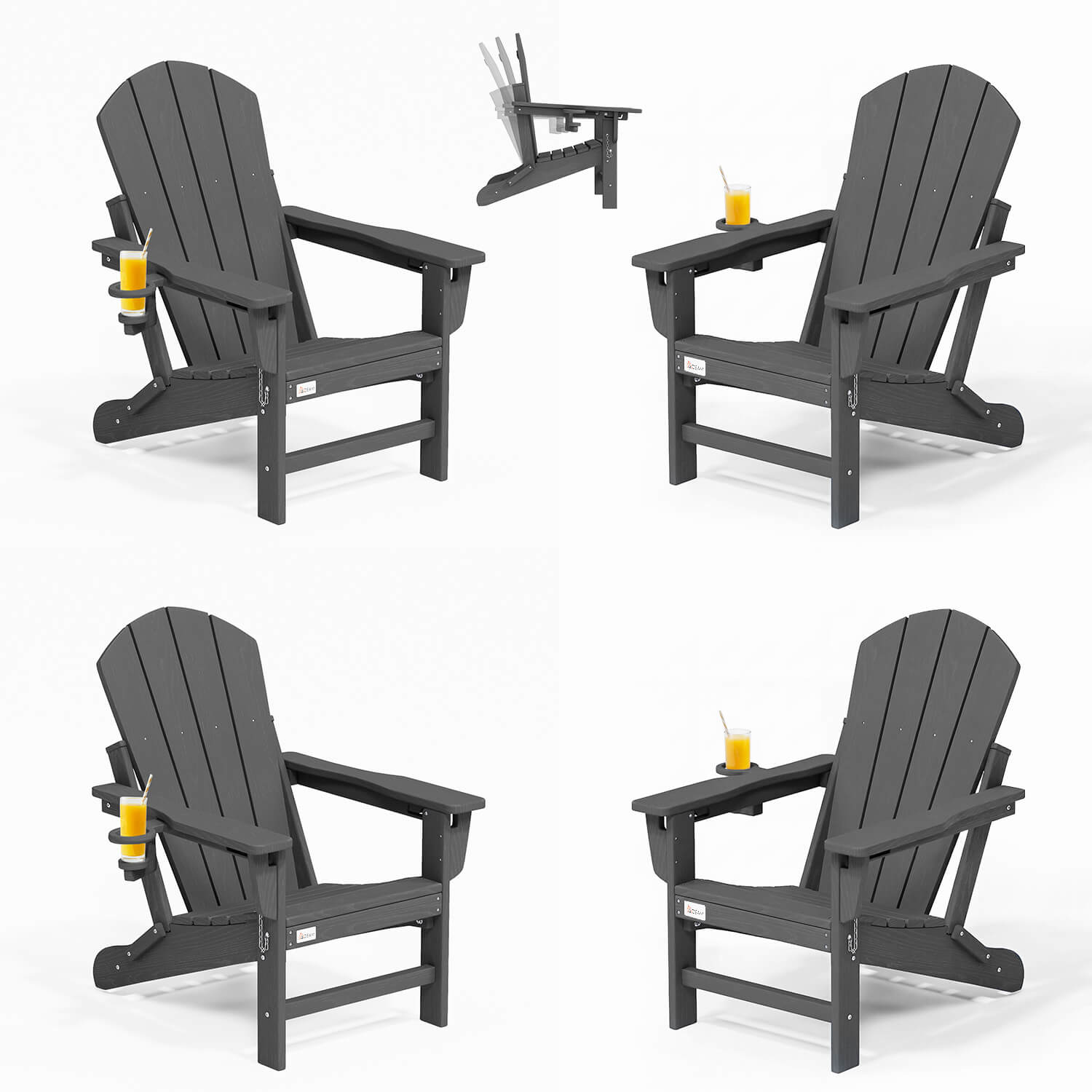 HOMREST 3-Position Adjustable Adirondack Chairs Set of 4, 400LBS HDPE Folding Outdoor Chairs with Cup Holder, Gray