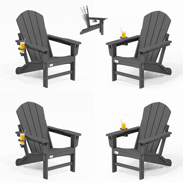 HOMREST 3-Position Adjustable Adirondack Chairs Set of 4, 400LBS HDPE Folding Outdoor Chairs with Cup Holder, Gray